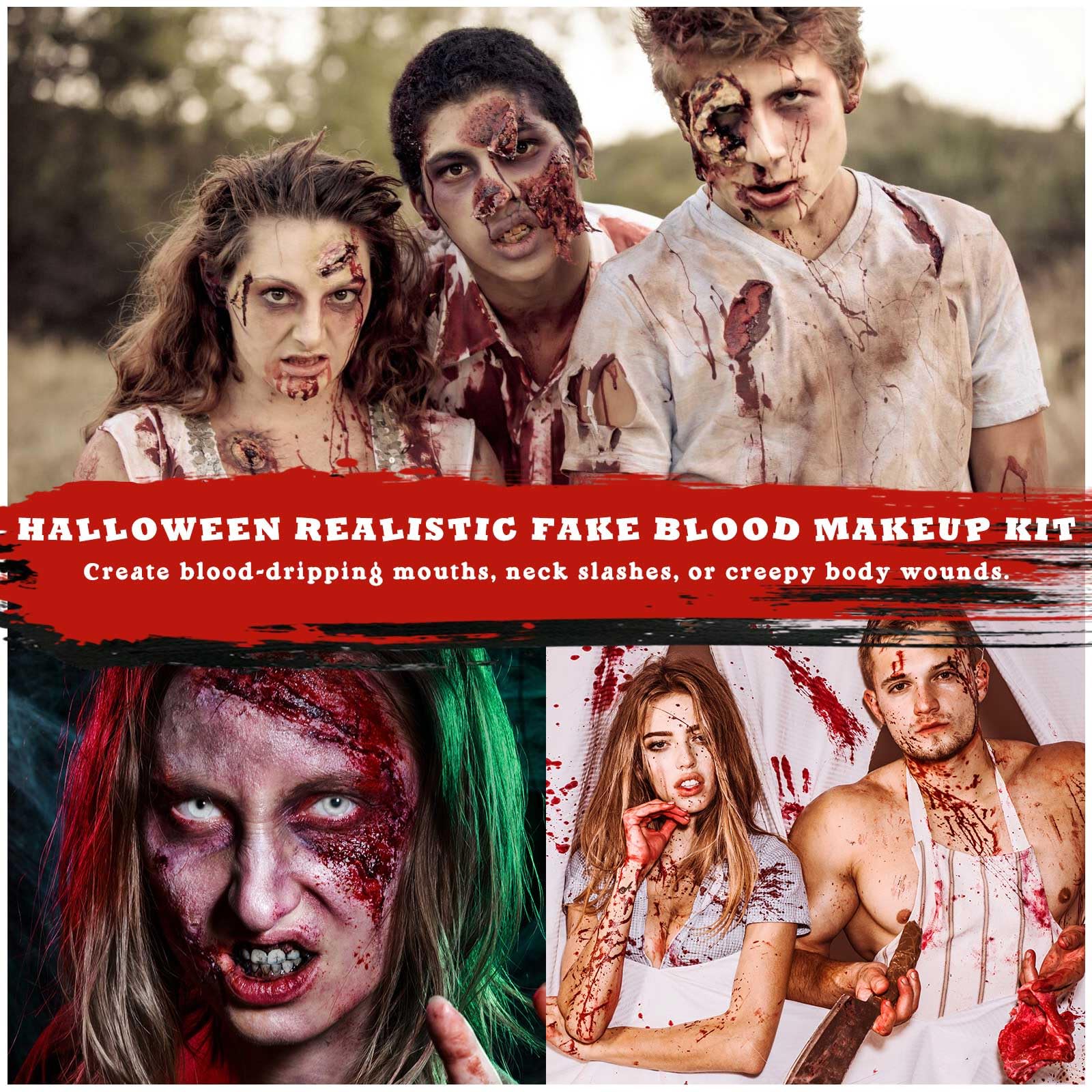 BOBISUKA 5PCS Halloween Fake Blood Kit – Dripping Fresh Blood, Dark Spray Blood, Coagulated Gel, Cleansing Soap, Stipple Sponge – Realistic Washable SFX Makeup for Zombie, Vampire Monster & Cosplay - Image 3