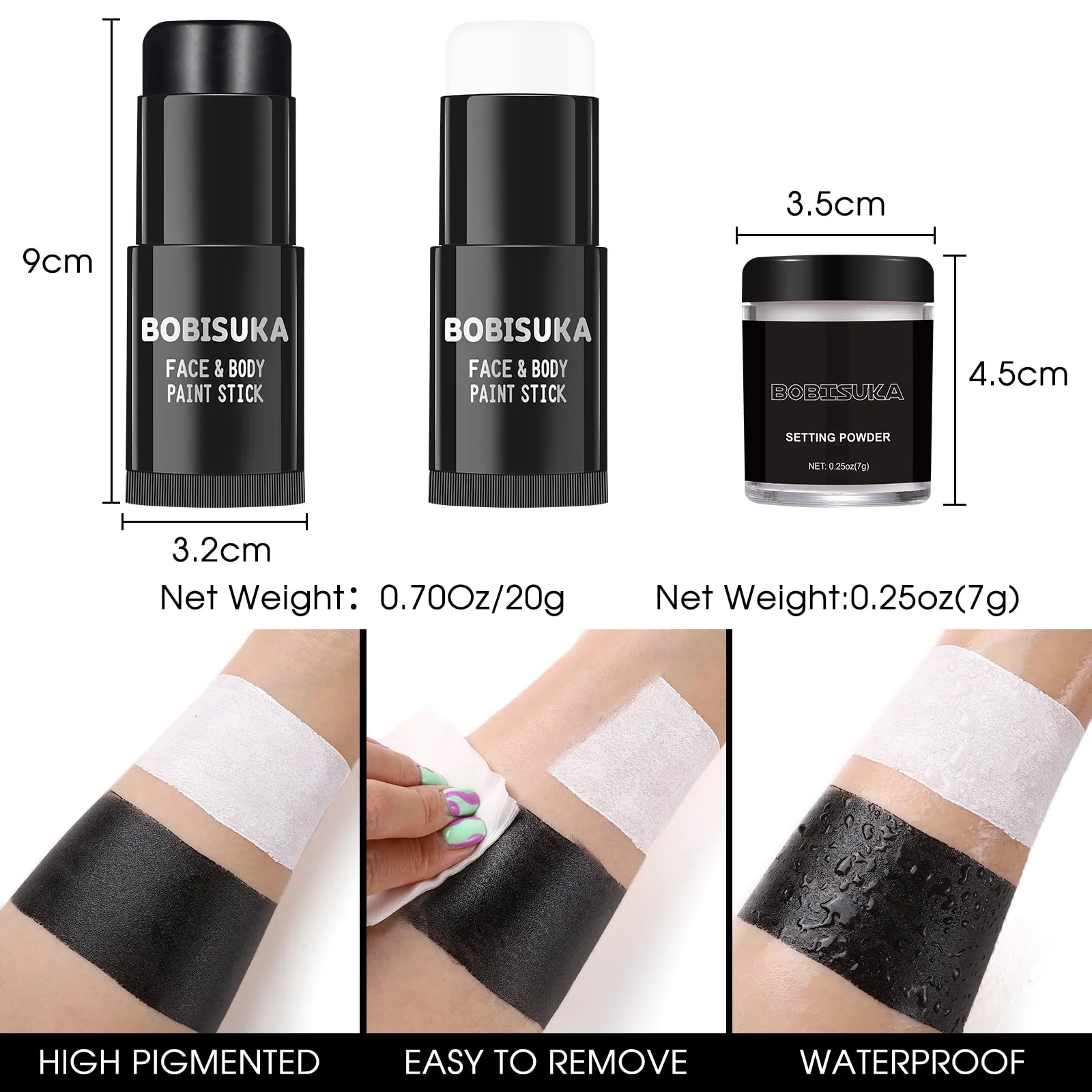 BOBISUKA Black White Face Paint Stick with Setting Powder Set, Eye Black Sticks for Sports, Body Paints for Clown Skeleton Vampire Skull Cosplay Special Effects Costume SFX Halloween Makeup Kit - Image 5