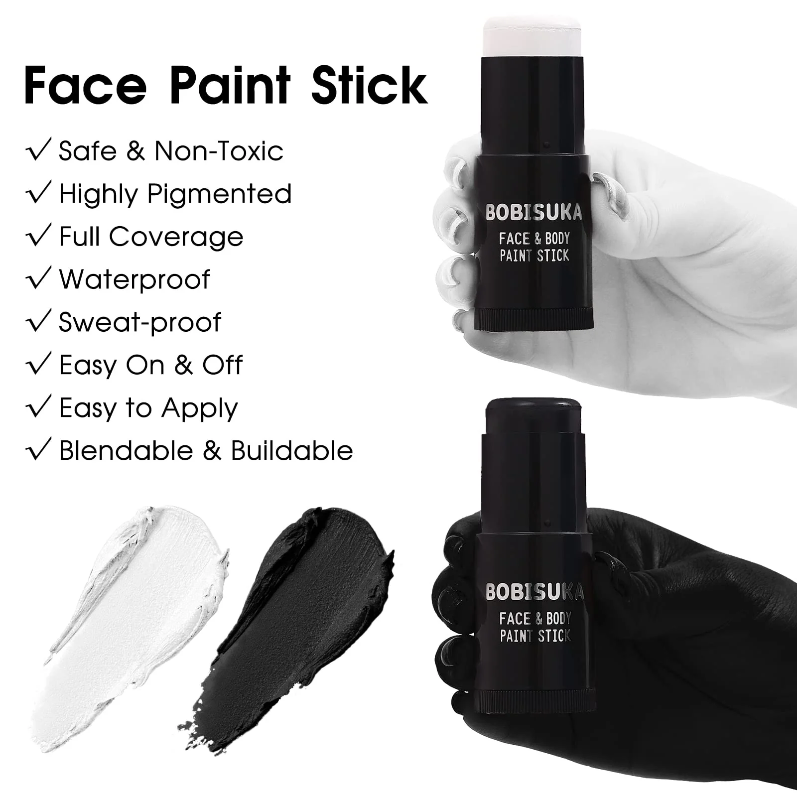 BOBISUKA Black White Face Paint Stick with Setting Powder Set, Eye Black Sticks for Sports, Body Paints for Clown Skeleton Vampire Skull Cosplay Special Effects Costume SFX Halloween Makeup Kit - Image 6