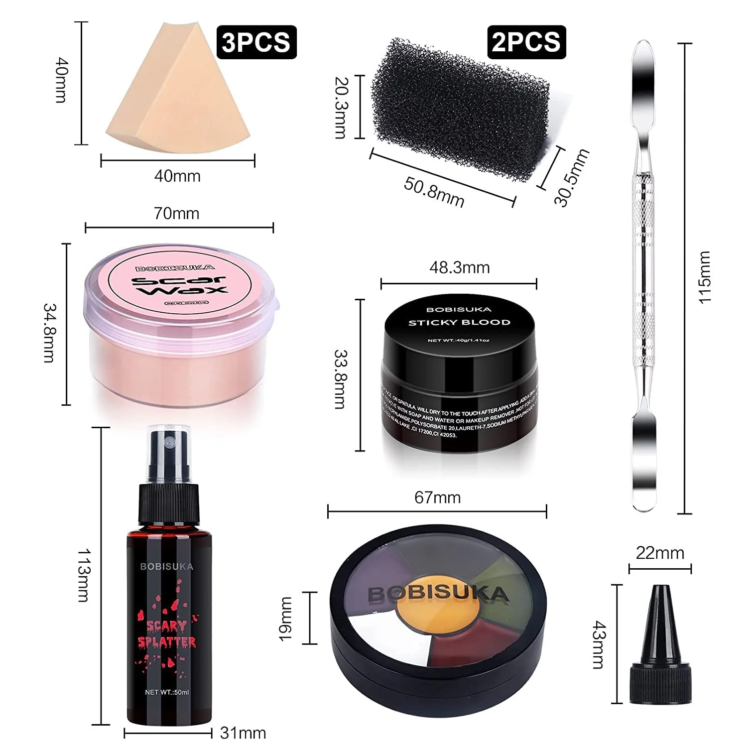 BOBISUKA Demonic Special Effects SFX Halloween Makeup Kit - 5 Colors Bruise Makeup Face Body Painting Palette + Scar Wax with Spatula Tool + Fake Blood Splatter Spray + Fake Blood Cream +Stipple Spong - Image 2