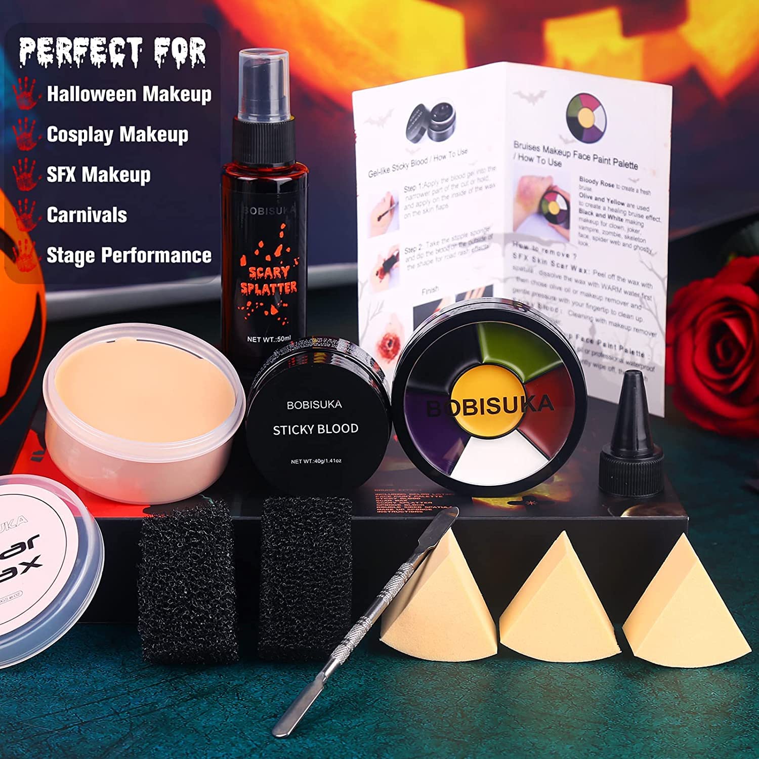 BOBISUKA Demonic Special Effects SFX Halloween Makeup Kit - 5 Colors Bruise Makeup Face Body Painting Palette + Scar Wax with Spatula Tool + Fake Blood Splatter Spray + Fake Blood Cream +Stipple Spong - Image 3