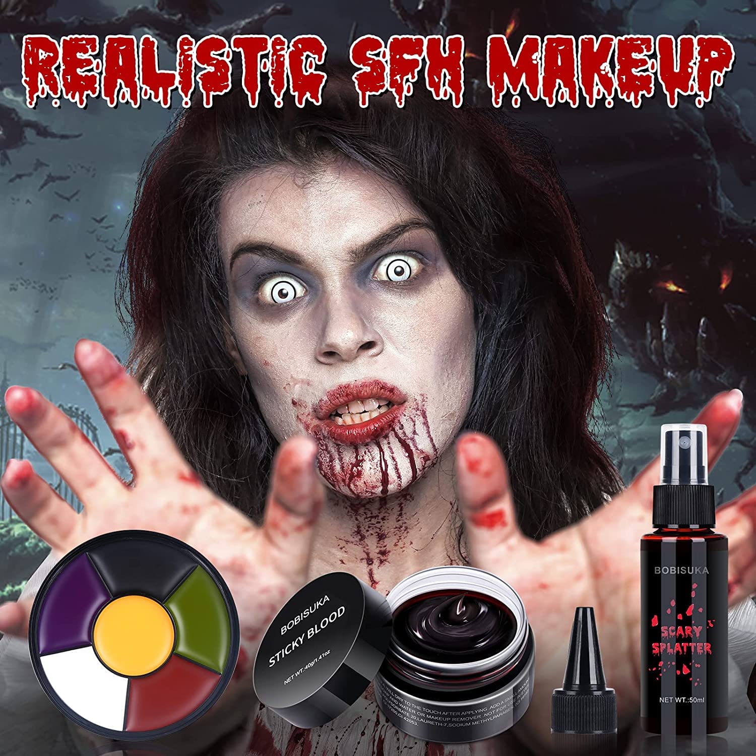 BOBISUKA Demonic Special Effects SFX Halloween Makeup Kit - 5 Colors Bruise Makeup Face Body Painting Palette + Scar Wax with Spatula Tool + Fake Blood Splatter Spray + Fake Blood Cream +Stipple Spong - Image 7