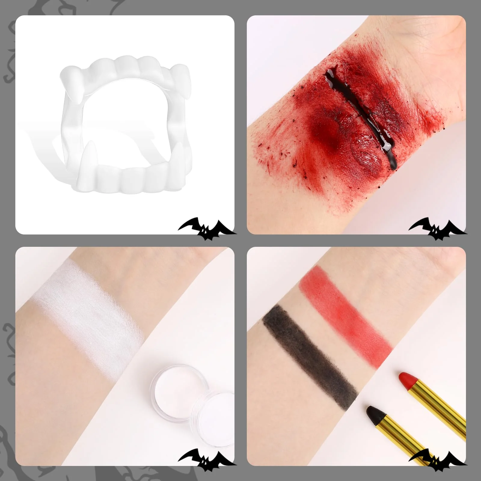 BOBISUKA Halloween Vampire Makeup Kit with White Face & Body Paint, Fake Blood, Black and Red Face Paint Crayon and Fake Teeth SFX Makeup Set for Zombie Wounds Clown Cosplay Special Effects Makeup - Image 6