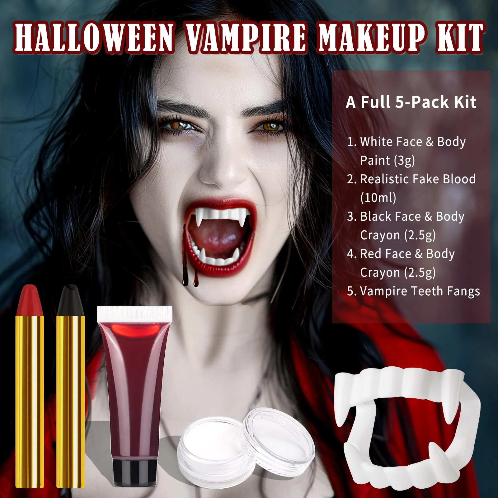 BOBISUKA Halloween Vampire Makeup Kit with White Face & Body Paint, Fake Blood, Black and Red Face Paint Crayon and Fake Teeth SFX Makeup Set for Zombie Wounds Clown Cosplay Special Effects Makeup - Image 8