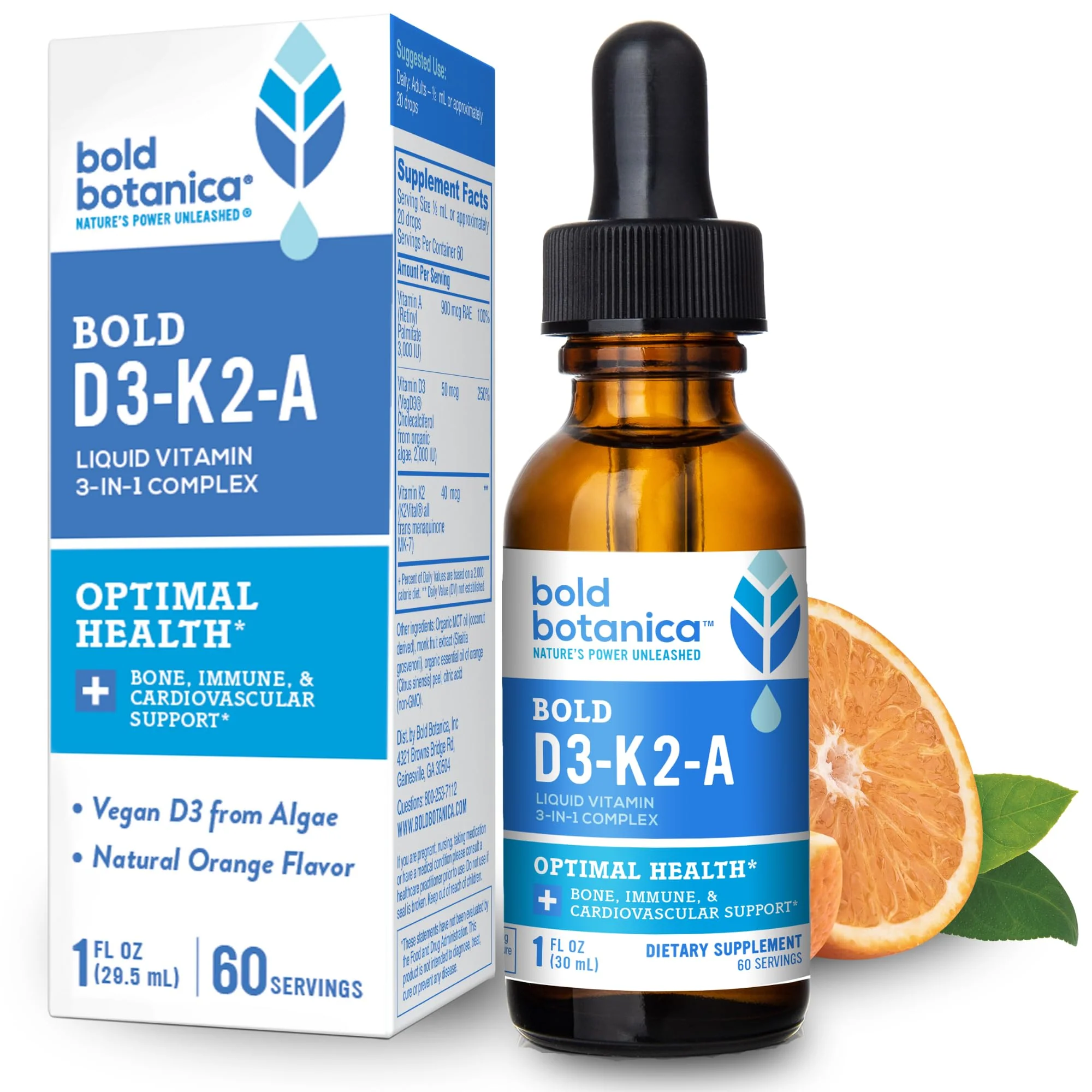 Bold Botanica Vitamin D3-K2-A Liquid Drops for Adults and Kids – 2500 IU Vegan D3 from Algae with K2 (MK7) & A, 3-in-1 Complex for Immune, Bone & Heart Support, Orange Flavor – 1 FL OZ, 60 Servings