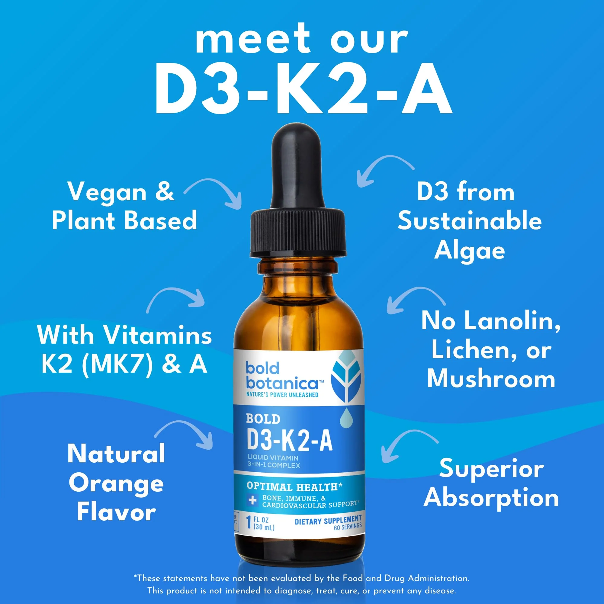 Bold Botanica Vitamin D3-K2-A Liquid Drops for Adults and Kids – 2500 IU Vegan D3 from Algae with K2 (MK7) & A, 3-in-1 Complex for Immune, Bone & Heart Support, Orange Flavor – 1 FL OZ, 60 Servings - Image 2
