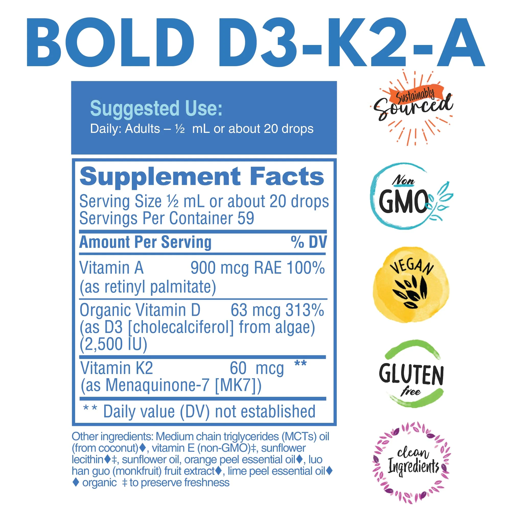 Bold Botanica Vitamin D3-K2-A Liquid Drops for Adults and Kids – 2500 IU Vegan D3 from Algae with K2 (MK7) & A, 3-in-1 Complex for Immune, Bone & Heart Support, Orange Flavor – 1 FL OZ, 60 Servings - Image 4