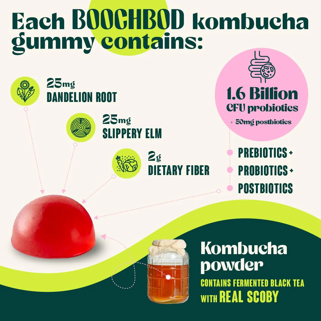 BoochBod - Probiotic Kombucha Gummy - Prebiotics, Probiotics, Postbiotics, Fiber Supplement, Slippery Elm, Dandelion Root, MCT Oil, for Bloating, Gut Health - Probiotics for Women and Men - Image 4