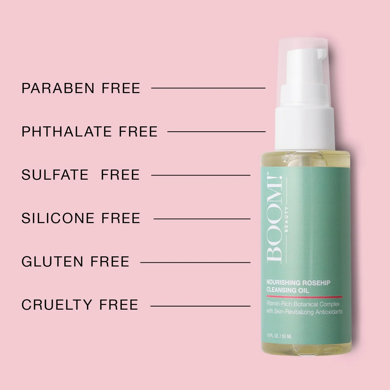 BOOM! BEAUTY - Rosehip Cleansing Oil Gentle Makeup Remover - Oil Cleanser for Sensitive Skin Double Cleansing - Dermatologist Tested Face Cleanser with 14 Botanical Complex pH Balanced - 1.8 fl oz - Image 6