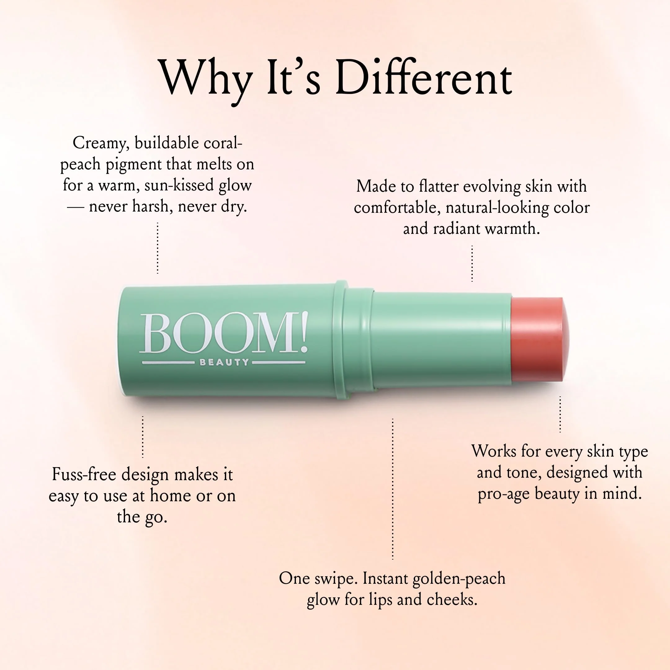 Boomstick Golden Peach ™ - Warm, Coral-Peach Blush Stick and Lipstick - Multistick, Vegan, Makeup for Older Women and Mature Skin Boom Stick By Cindy Joseph - Image 11