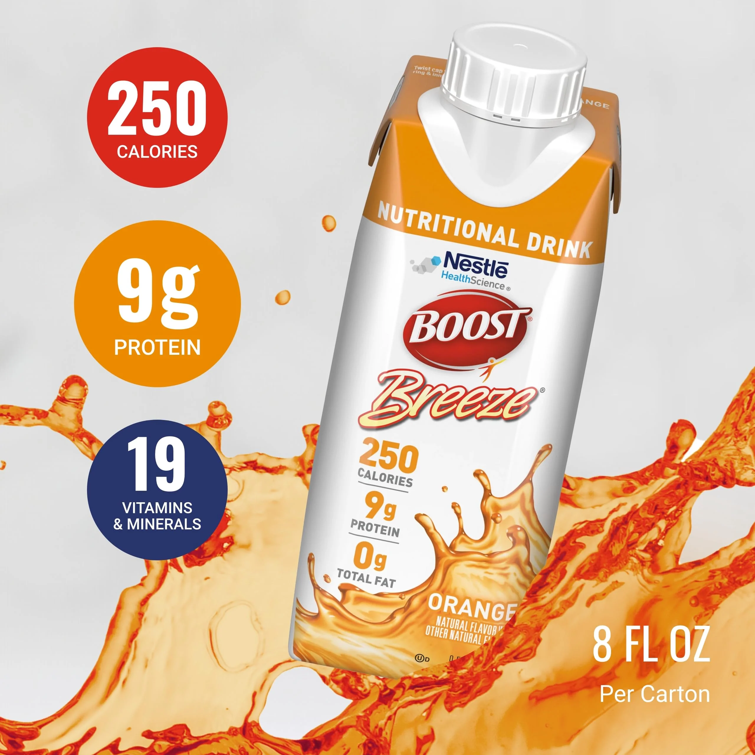 BOOST Breeze Clear Nutritional Drink - 250 Calories - 19 Vitamins & Minerals - 9 g Protein – Fortified Clear with Vitamin A & Zinc - Orange Flavor - 8 fl oz (Pack of 24) - Image 5