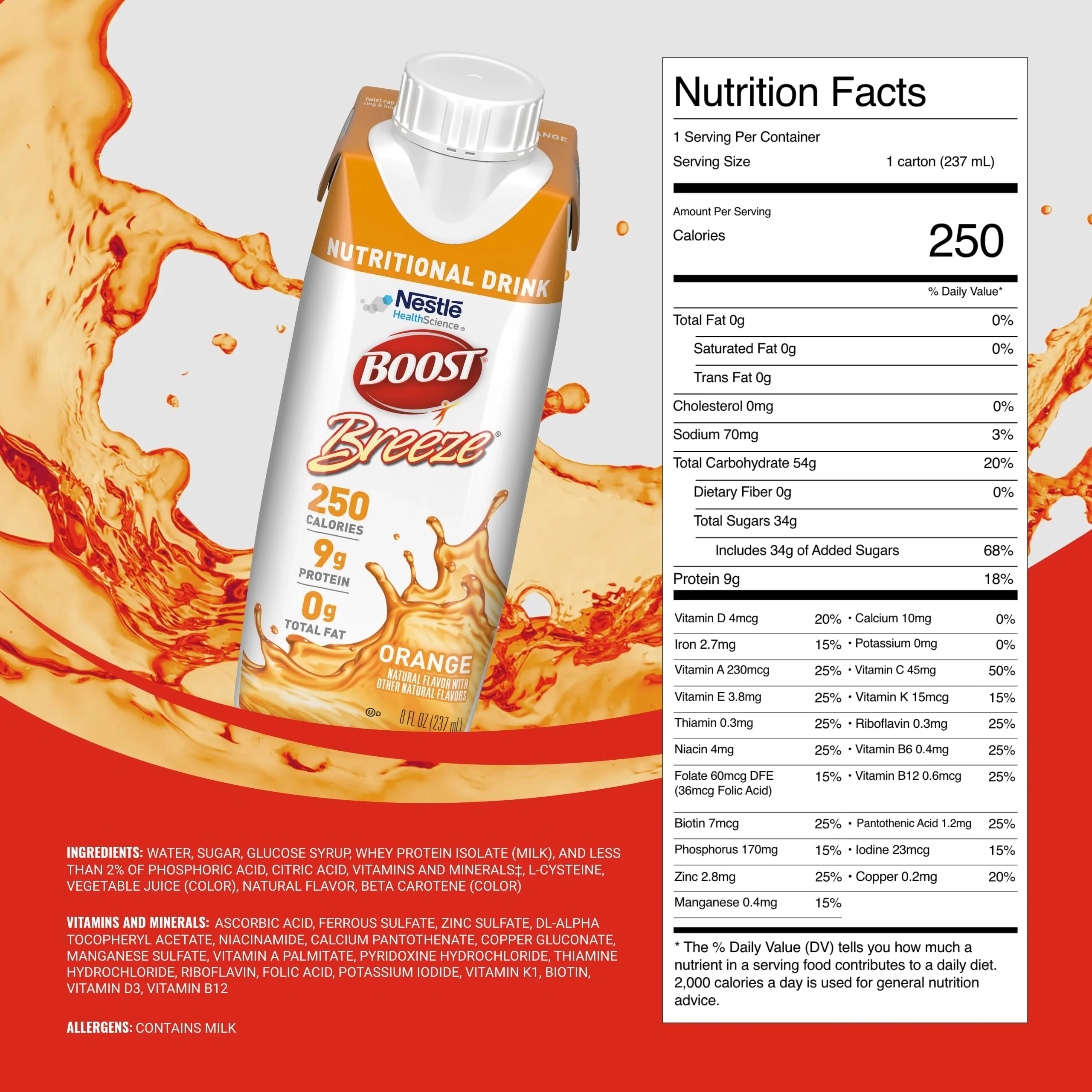 BOOST Breeze Clear Nutritional Drink - 250 Calories - 19 Vitamins & Minerals - 9 g Protein – Fortified Clear with Vitamin A & Zinc - Orange Flavor - 8 fl oz (Pack of 24) - Image 7