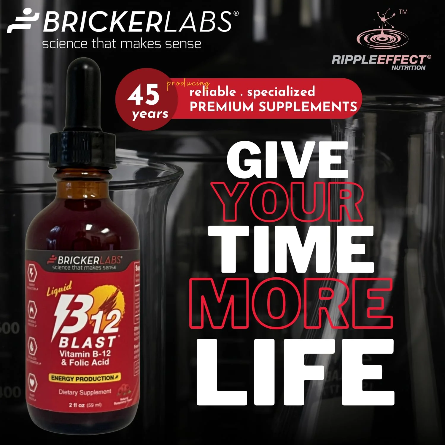 Bricker Labs B-12 Blast Liquid Vitamin B12 and Folic Acid Supplement, Support Energy Production, Great Tasting Liquid Vitamin B12 Dietary Supplement in Natural Raspberry Flavor, 2 fl oz Bottle - Image 2