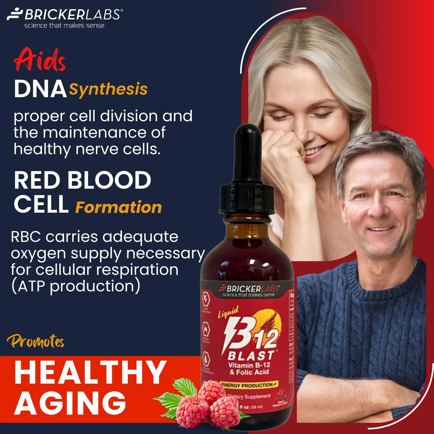 Bricker Labs B-12 Blast Liquid Vitamin B12 and Folic Acid Supplement, Support Energy Production, Great Tasting Liquid Vitamin B12 Dietary Supplement in Natural Raspberry Flavor, 2 fl oz Bottle - Image 4
