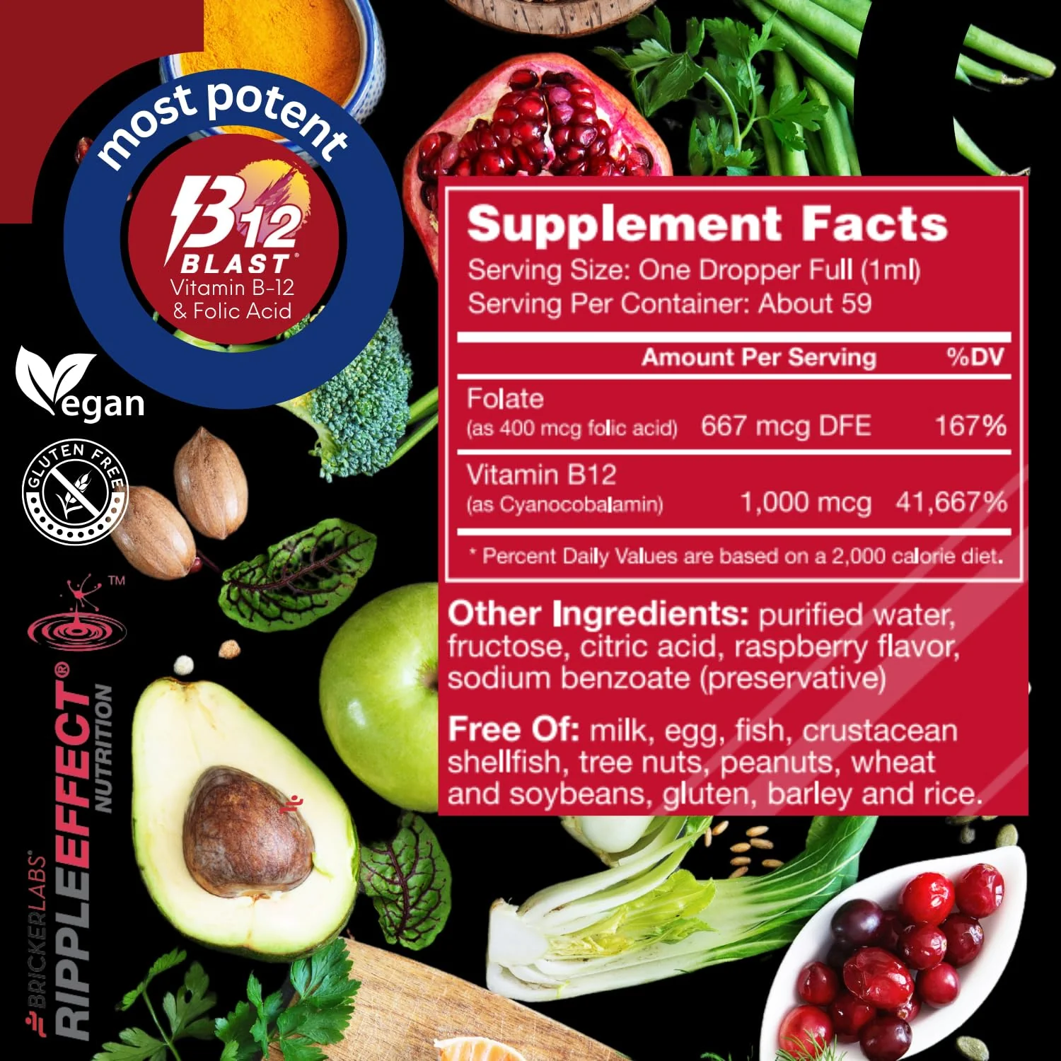 Bricker Labs B-12 Blast Liquid Vitamin B12 and Folic Acid Supplement, Support Energy Production, Great Tasting Liquid Vitamin B12 Dietary Supplement in Natural Raspberry Flavor, 2 fl oz Bottle - Image 5