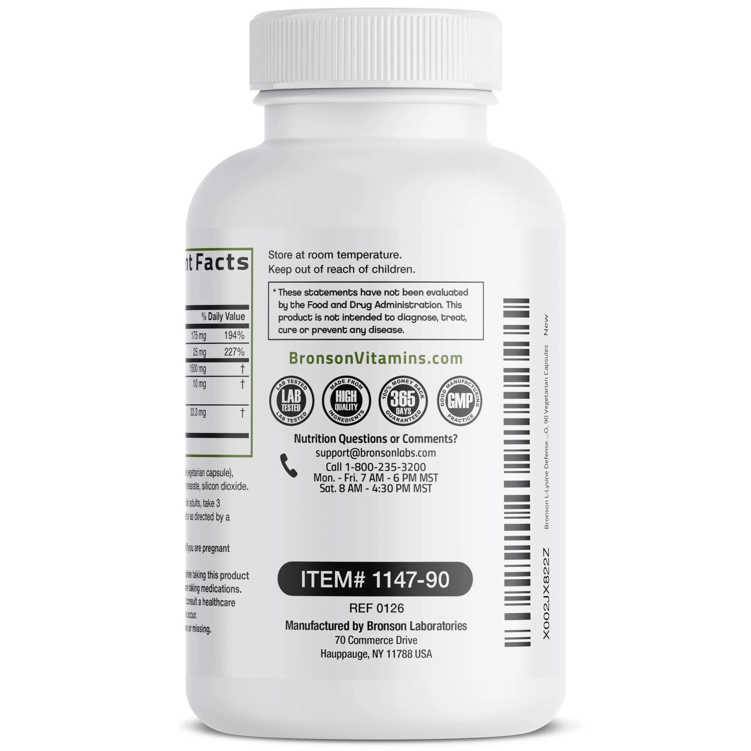 Bronson L-Lysine Defense Immune Support Complex 1500 MG L-Lysine Plus Olive Leaf, Garlic, Vitamin C and Zinc - Non-GMO, 90 Vegetarian Capsules - Image 3