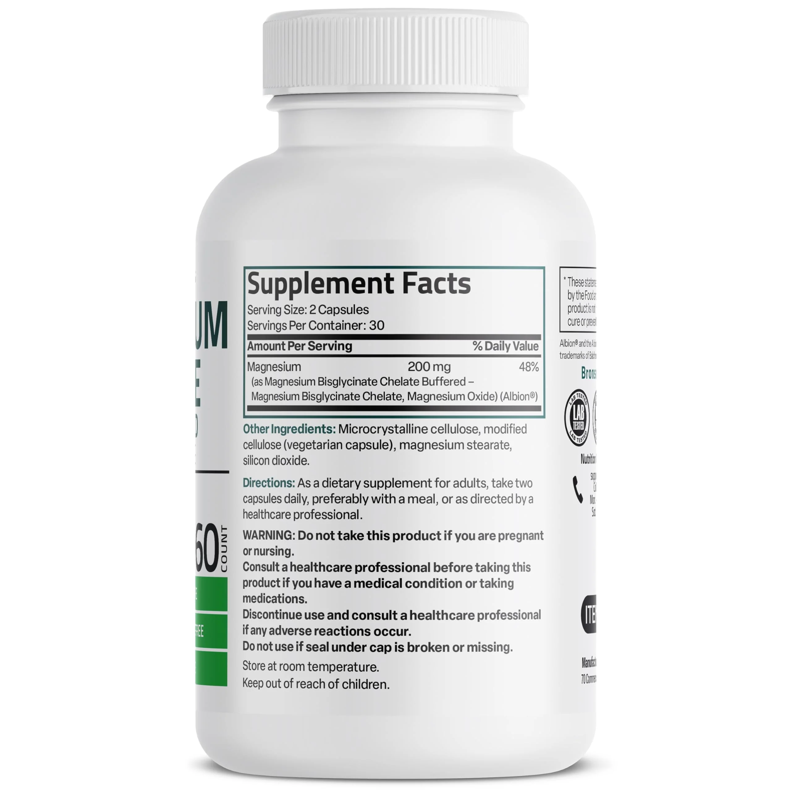 Bronson Magnesium Glycinate 200 MG per Serving Chelated for High Absorption, Gentle On Stomach, Non-GMO, 60 Vegetarian Capsules - Image 8