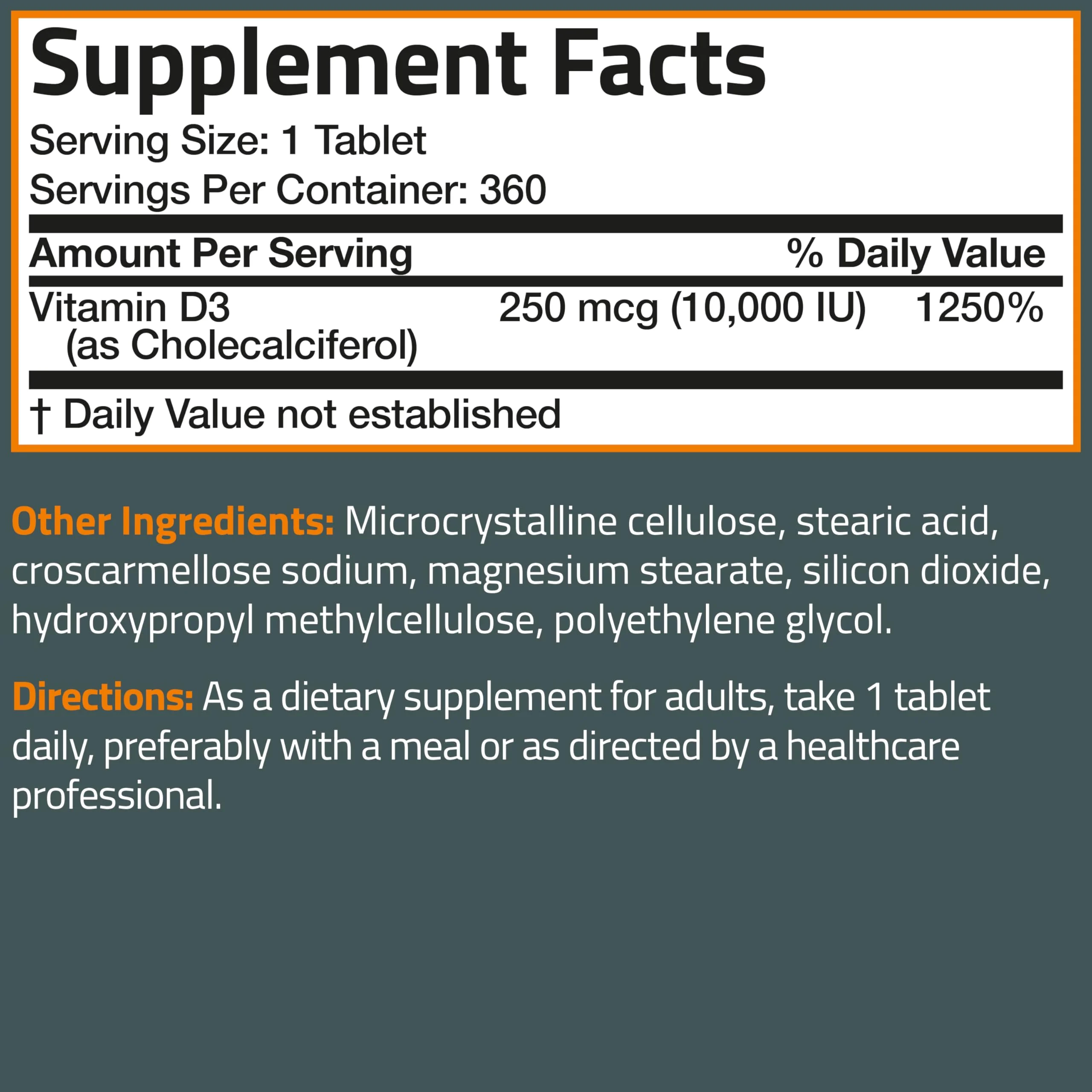Bronson Vitamin D3 10,000iu (250mcg) Healthy Muscle Function and Immune Support, Non-GMO, 360 Tablets - Image 2