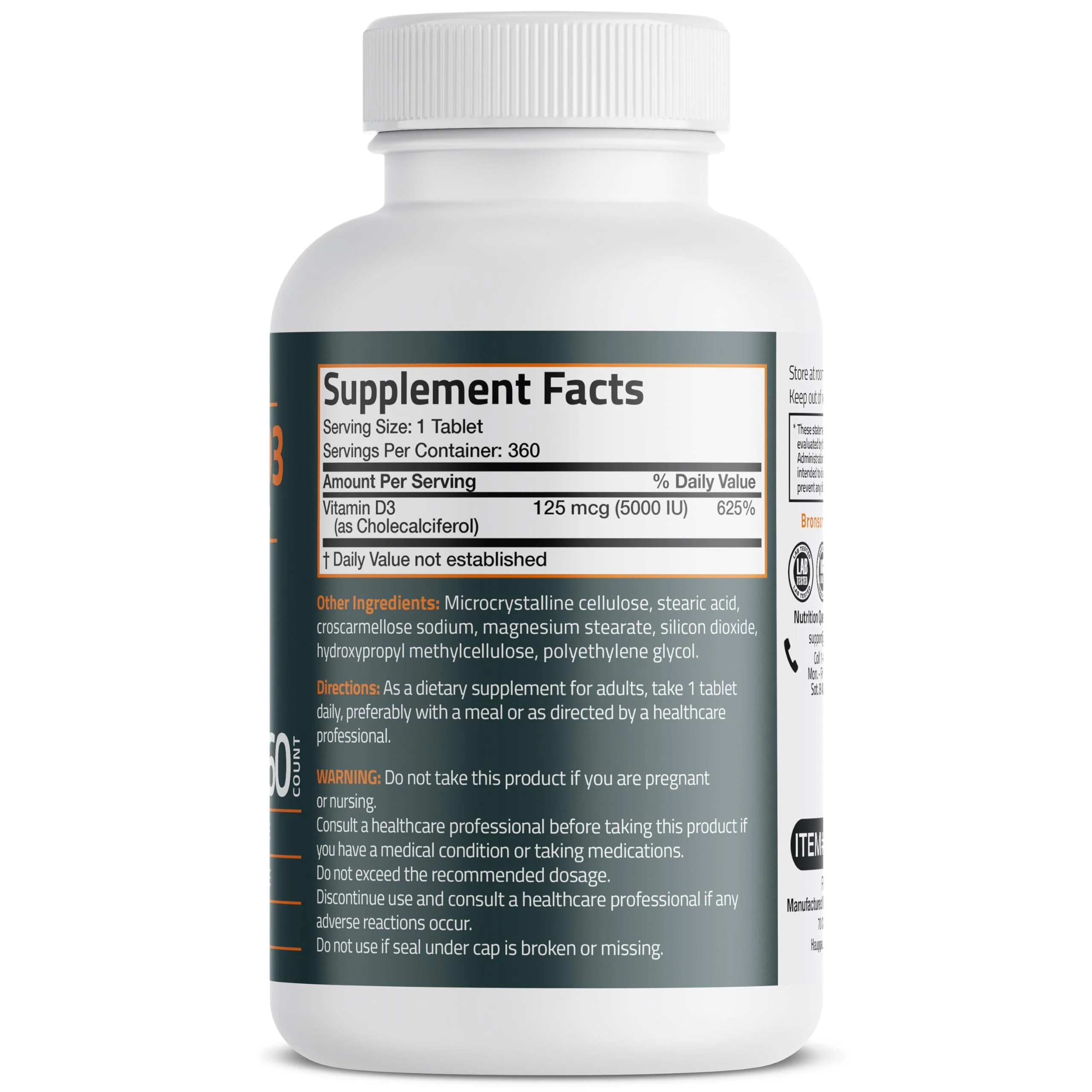 Bronson Vitamin D3 5000iu (125mcg) Healthy Muscle Function and Immune Support, Non-GMO, 360 Tablets - Image 8