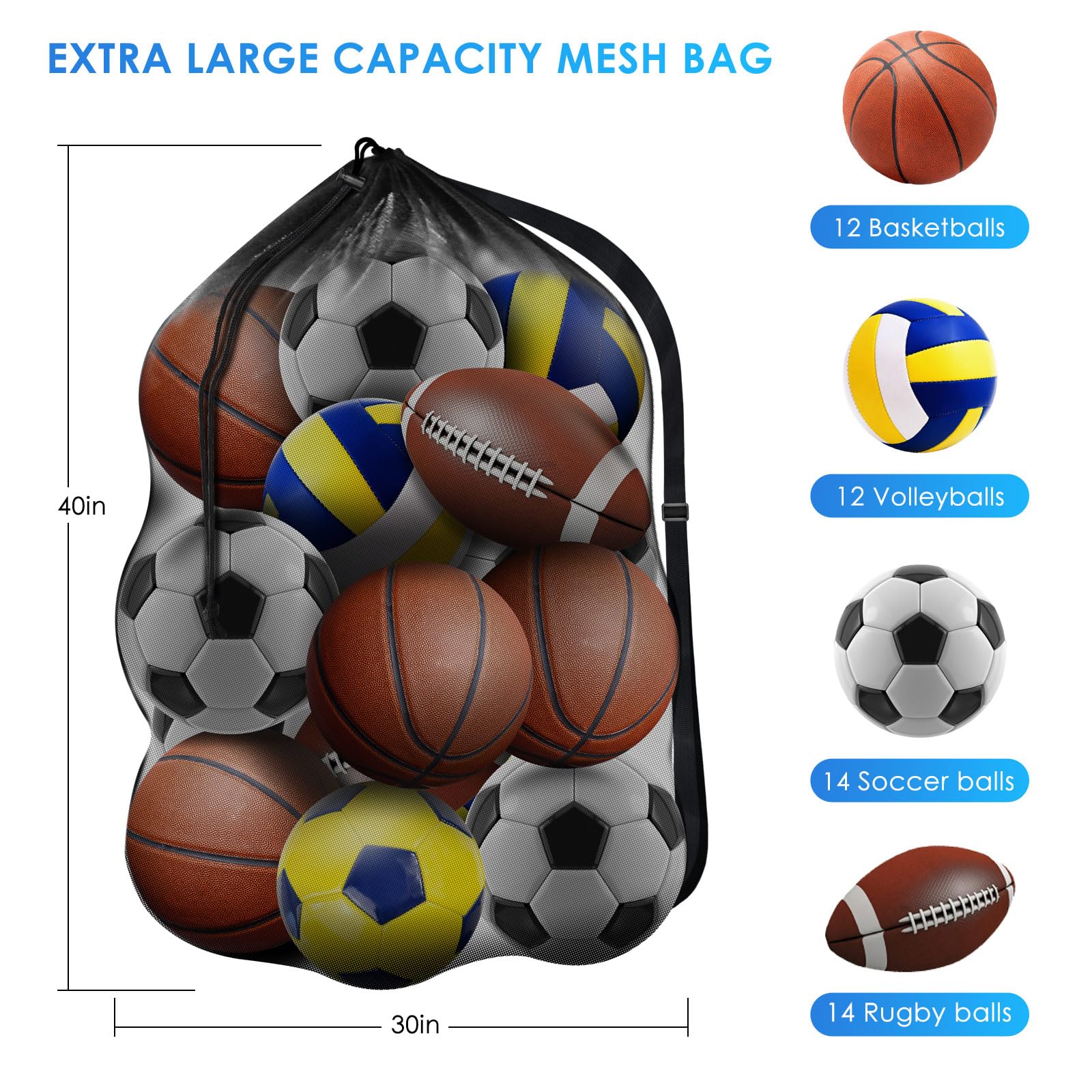 BROTOU Extra Large Sports Ball Bag Mesh, Basketball Bags Team Balls, Adjustable Shoulder Strap, Team Work Ball Bags for Holding Soccer, Football, Volleyball, Swimming Gear (30” x 40”) (1PCS) - Image 7