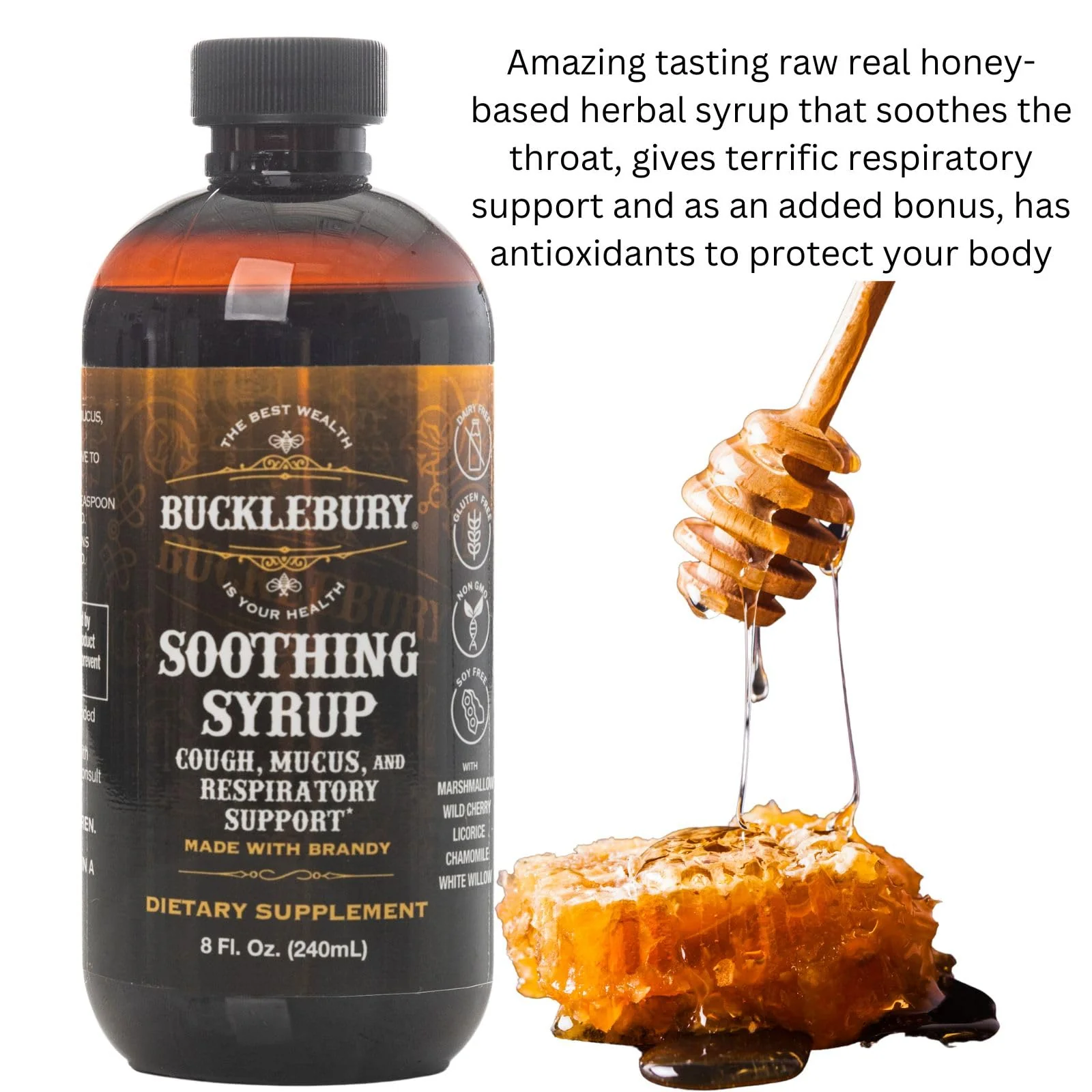 BUCKLEBURY Cough Syrup for Adults & Kids – Premium Soothing Herbal Supplement with Wild Cherry Bark & Marshmallow Root – Natural Cough Syrup for Sinus, Bronchi, Throat, and Respiratory Support – 8 oz - Image 3