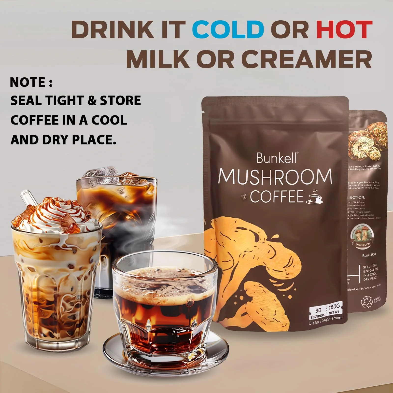 Bunkell Mushroom Coffee, Adaptogenic 6 Mushrooms with Lion's Mane, Reishi, Cordyceps, Shiitake, King Trumpet & Turkey Tail, Instant Coffee Powder for Energy, Digestion & Immune Support, 30 Servings - Image 4