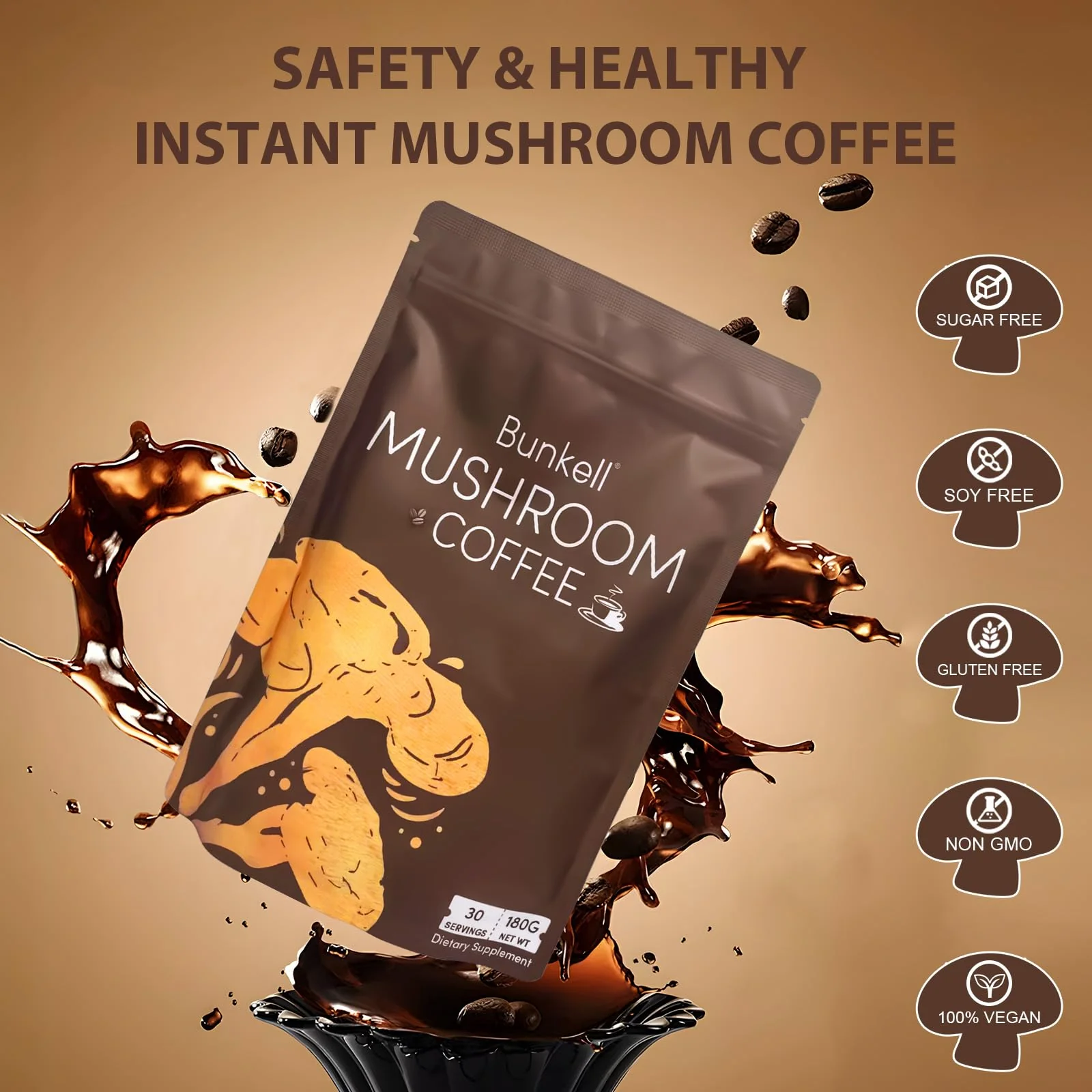 Bunkell Mushroom Coffee, Adaptogenic 6 Mushrooms with Lion's Mane, Reishi, Cordyceps, Shiitake, King Trumpet & Turkey Tail, Instant Coffee Powder for Energy, Digestion & Immune Support, 30 Servings - Image 6