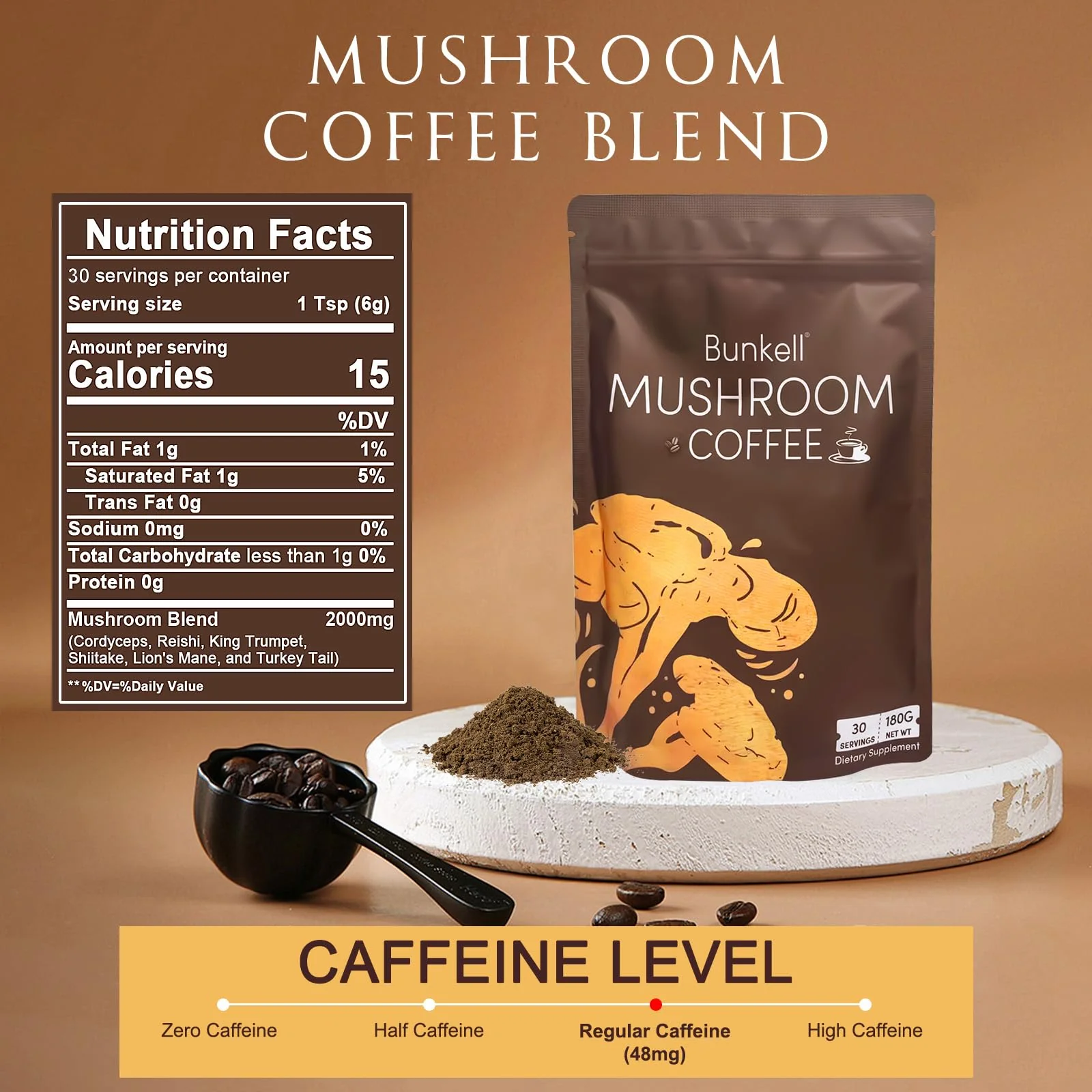 Bunkell Mushroom Coffee, Adaptogenic 6 Mushrooms with Lion's Mane, Reishi, Cordyceps, Shiitake, King Trumpet & Turkey Tail, Instant Coffee Powder for Energy, Digestion & Immune Support, 30 Servings - Image 9