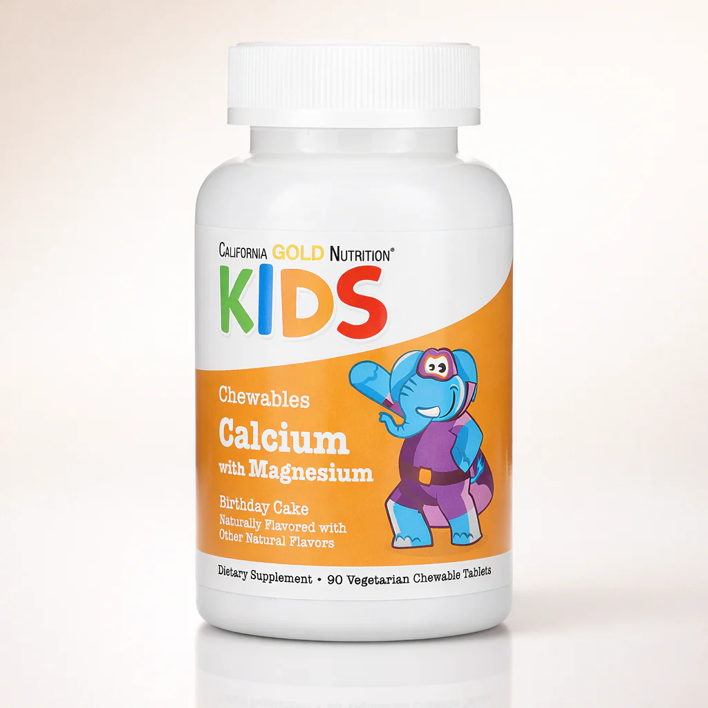 California Gold Nutrition Chewable Calcium with Magnesium for Children, Birthday Cake, 90 Vegetarian Tablets