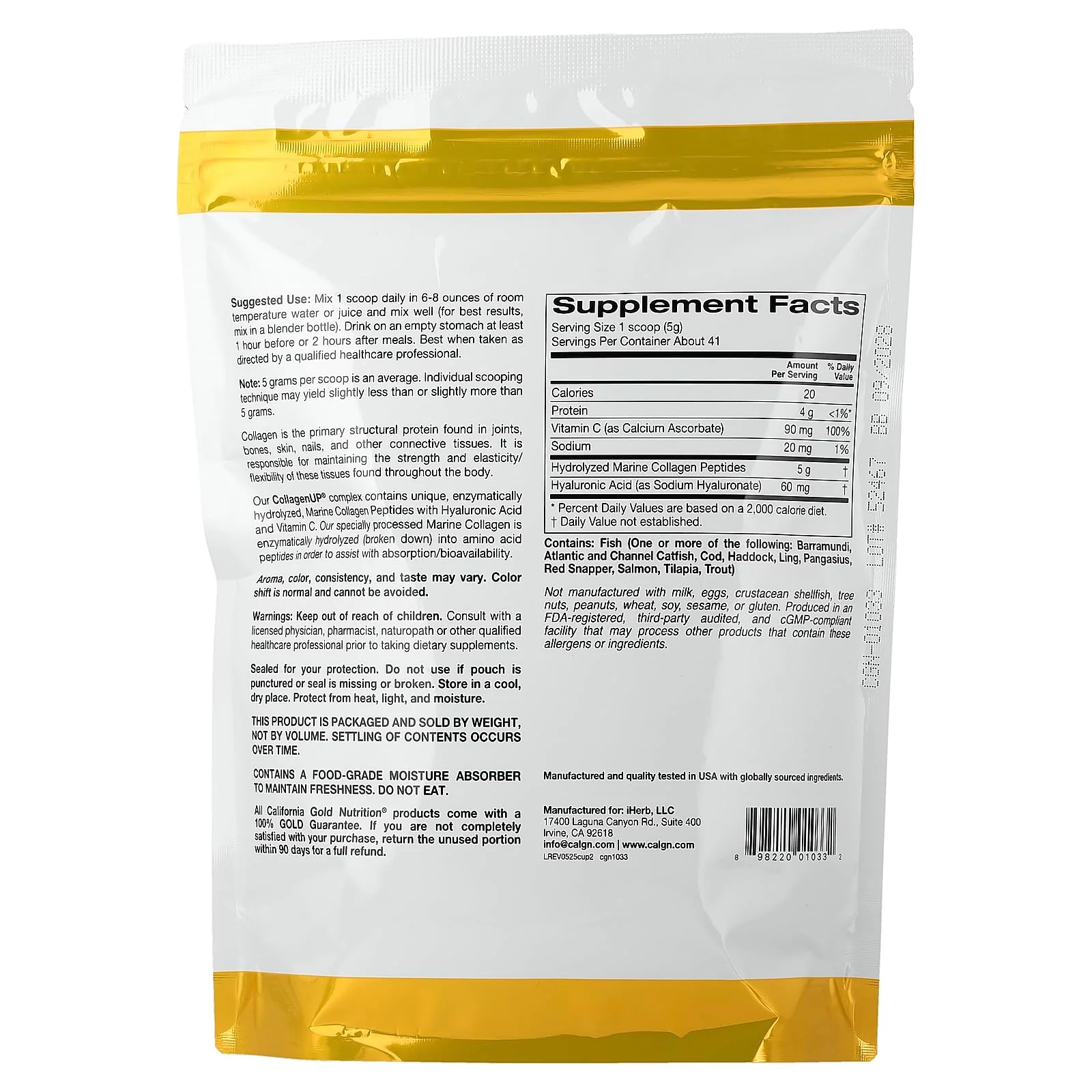 California Gold Nutrition CollagenUP®, Hydrolyzed Marine Collagen Peptides with Hyaluronic Acid and Vitamin C, Unflavored, 7.26 oz (206 g) - Image 5