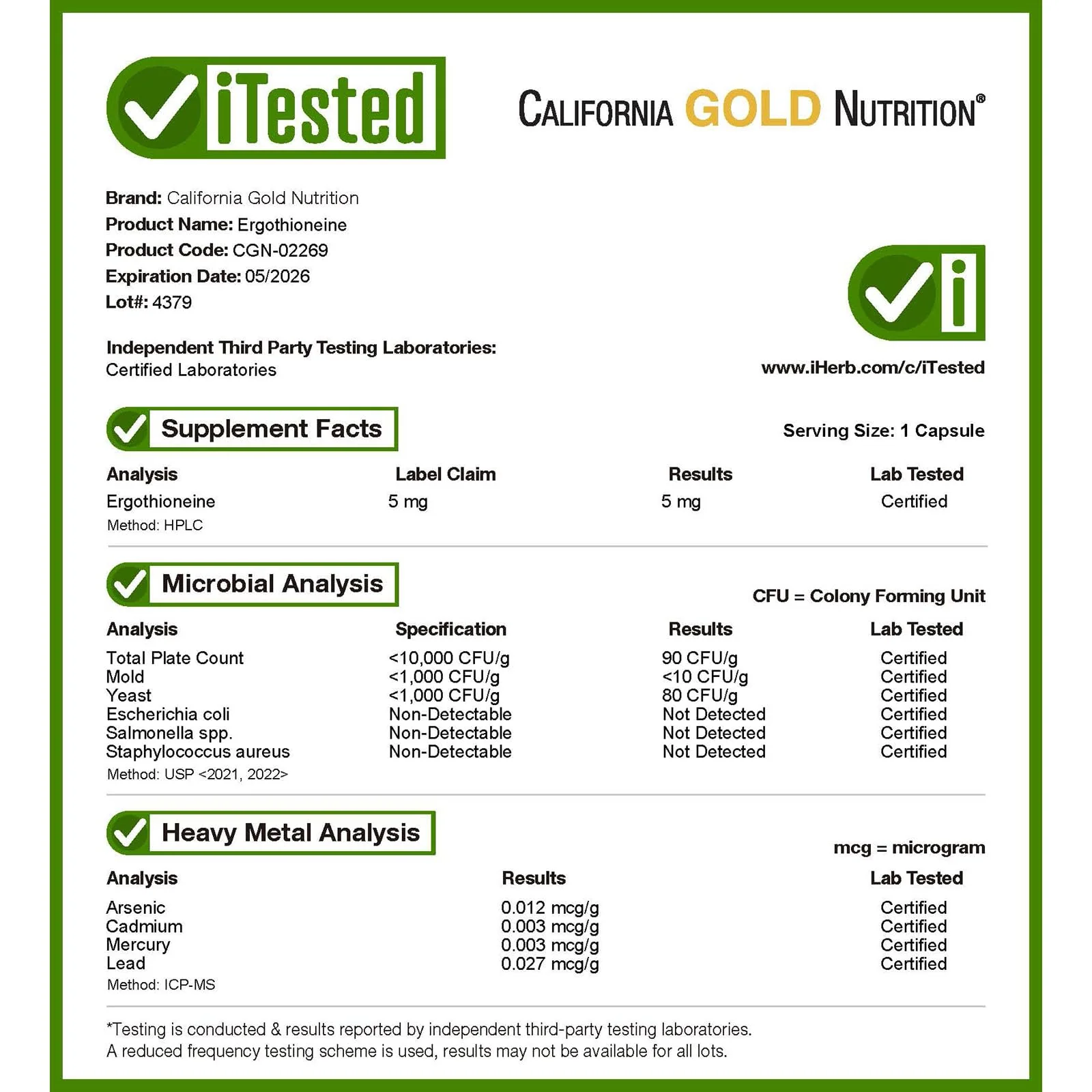 California Gold Nutrition Ergothioneine, 5 mg, 90 Veggie Capsules - Image 3