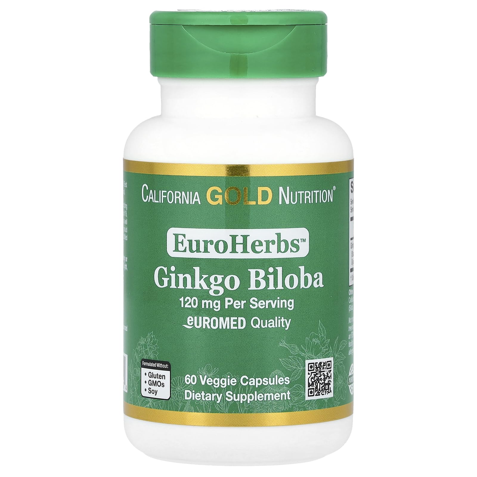 California Gold Nutrition EuroHerbs™, Ginkgo Biloba Extract, Euromed Quality, 120 mg, 60 Veggie Capsules