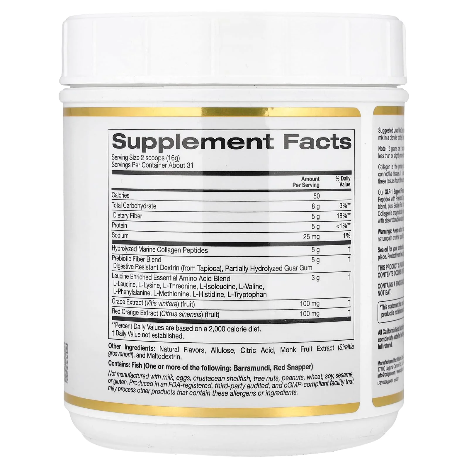 California Gold Nutrition GLP-1 Support Formula with Collagen Peptides, Prebiotic Fiber & Essential Amino Acids, Watermelon Yuzu, 1.09 lb (494 g) - Image 5