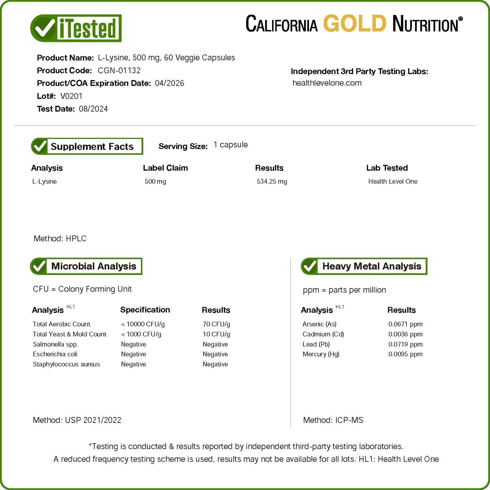 California Gold Nutrition L-Lysine, 500 mg, 60 Veggie Capsules - Image 3