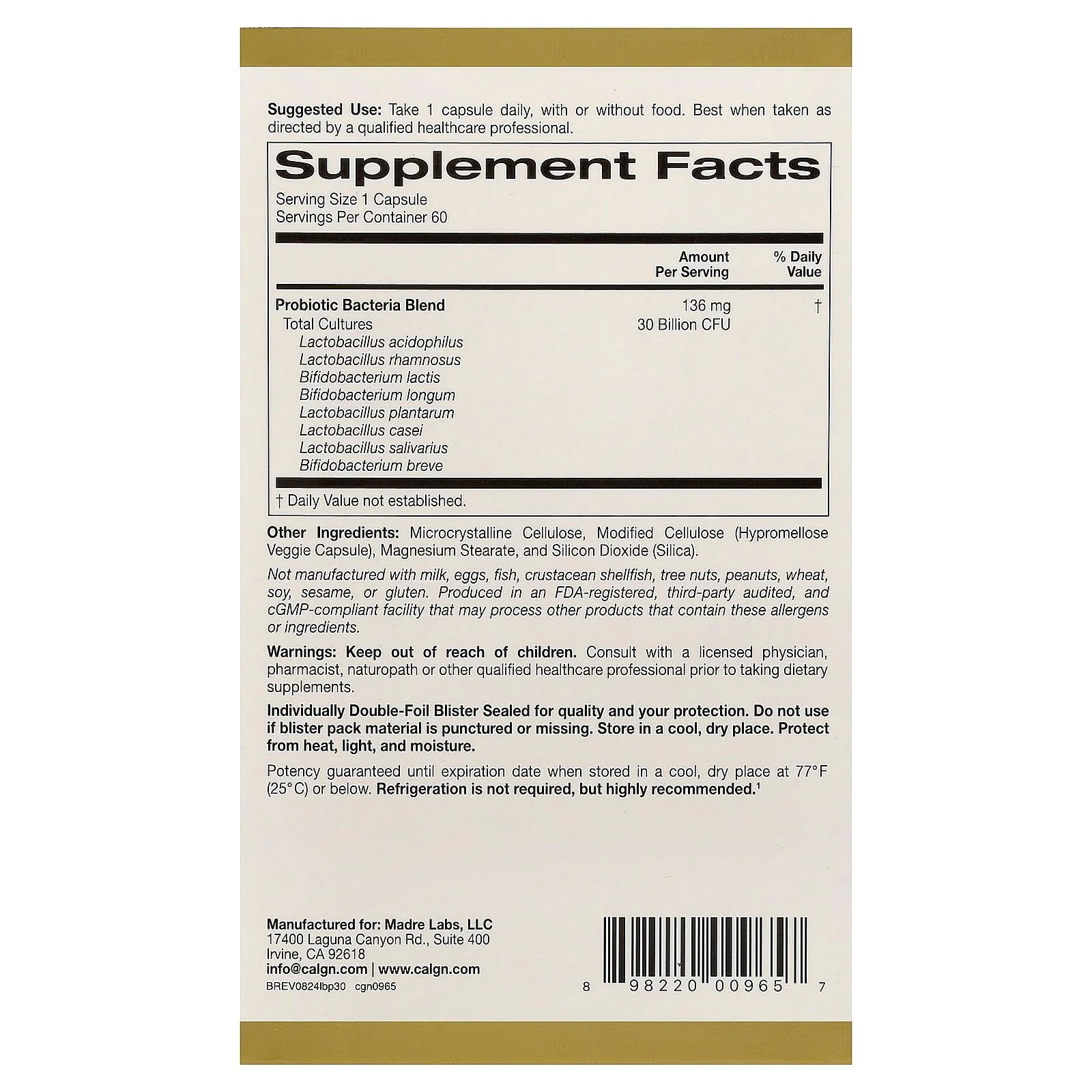 California Gold Nutrition LactoBif® 30 Probiotics, 30 Billion CFU, 60 Veggie Capsules - Image 6