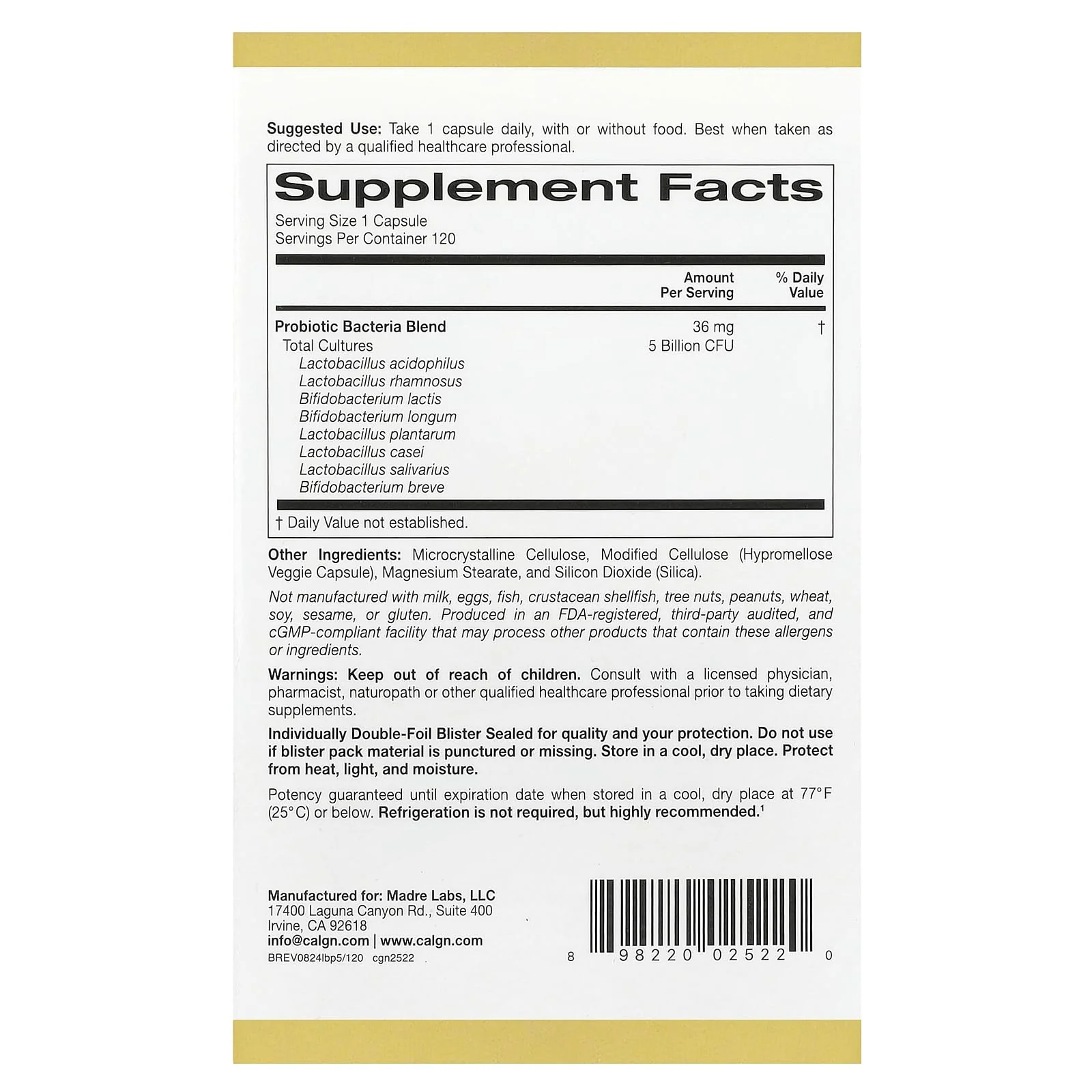 California Gold Nutrition LactoBif® 5 Probiotics, 5 Billion CFU, 120 Veggie Capsules - Image 5