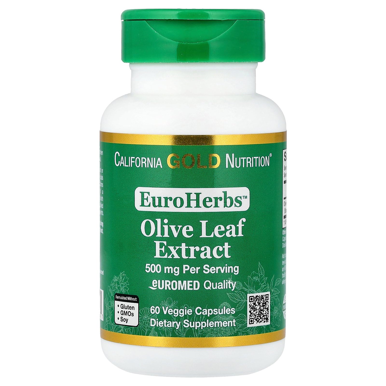 California Gold Nutrition Olive Leaf Extract 500 mg, 18% Oleuropein, Processed in Spain, 3rd Party Tested European Quality, 60 Veggie Capsules, EuroHerbs