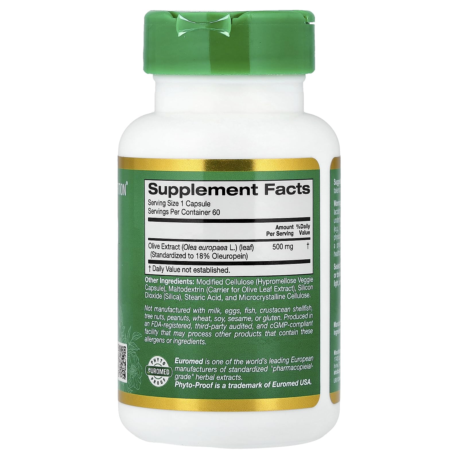 California Gold Nutrition Olive Leaf Extract 500 mg, 18% Oleuropein, Processed in Spain, 3rd Party Tested European Quality, 60 Veggie Capsules, EuroHerbs - Image 5