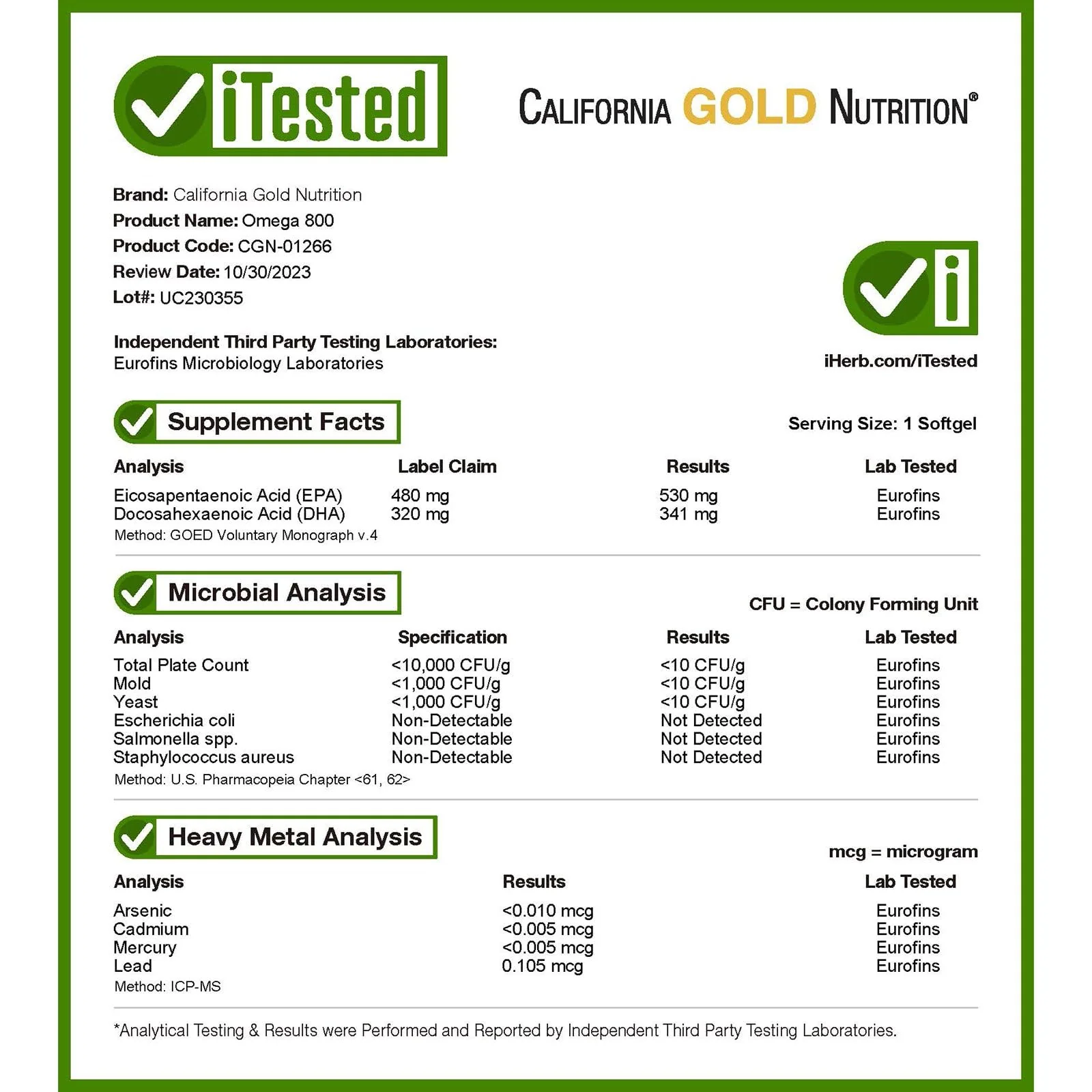 California Gold Nutrition Omega 800 Ultra-Concentrated Omega-3 Fish Oil, KD-Pur Triglyceride Form, 90 Fish Gelatin Softgels (1,000 mg per Softgel) - Image 2