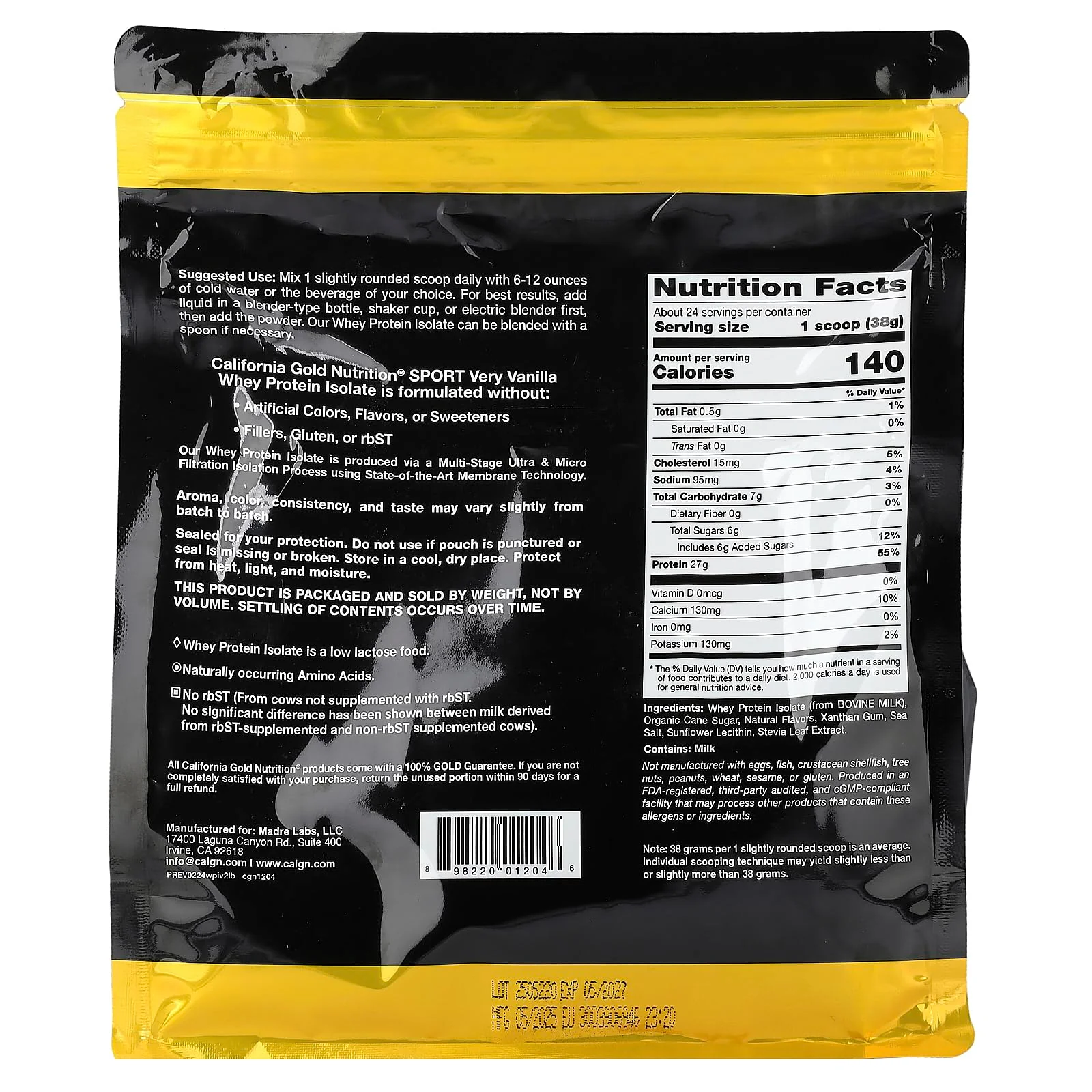 California Gold Nutrition Sport, Whey Protein Isolate with Organic Cane Sugar, with Sunflower Lecithin, Very Vanilla, 2 lb (907 g) - Image 5