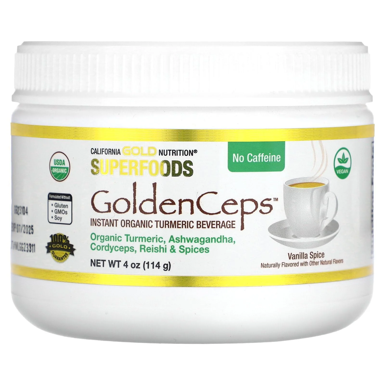 California Gold Nutrition Superfoods, GoldenCeps, Organic Turmeric with Ashwagandha, Cordyceps, and Reishi, 4 oz (114 g)