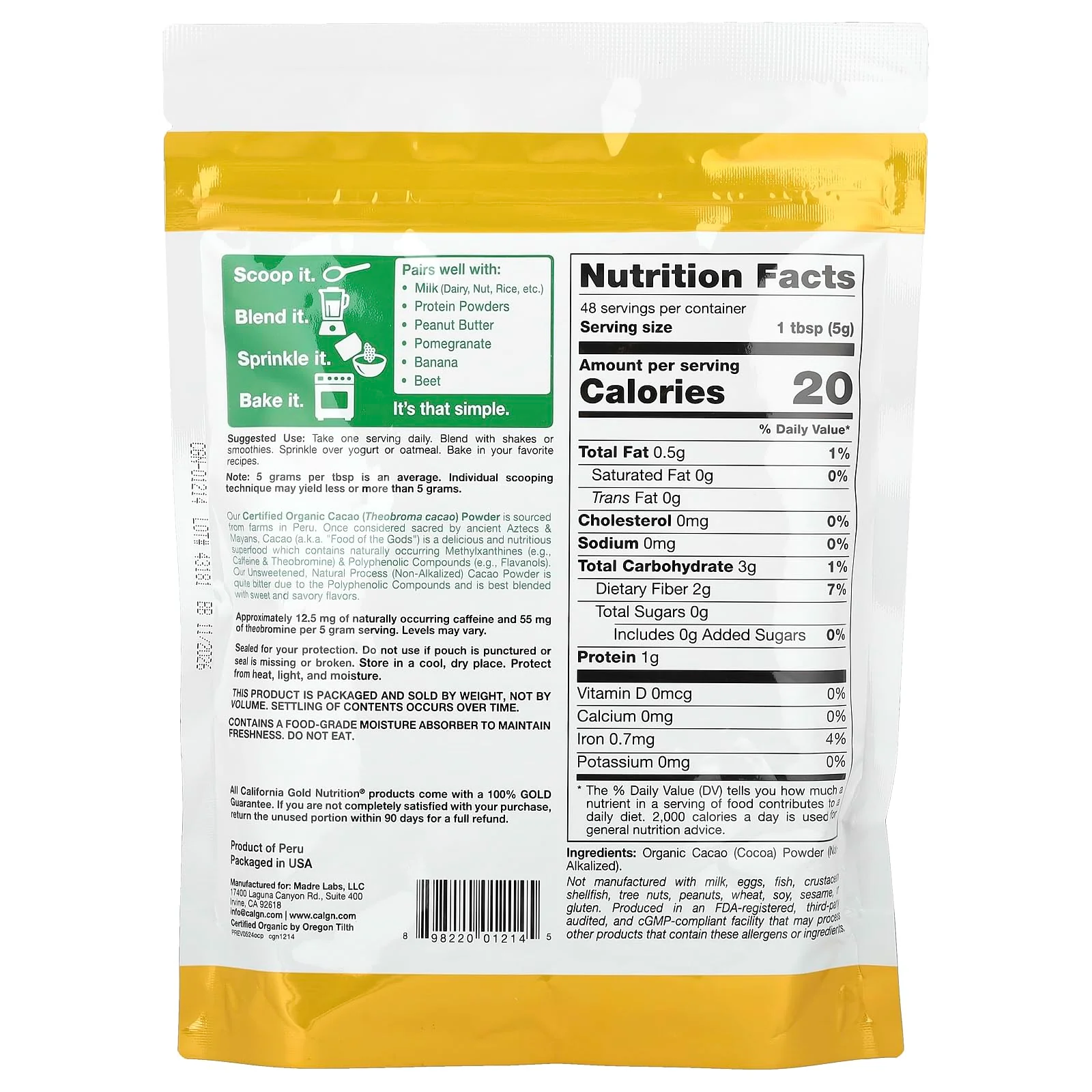 California Gold Nutrition Superfoods, Organic Cacao Powder, 8.5 oz (240 g) - Image 4