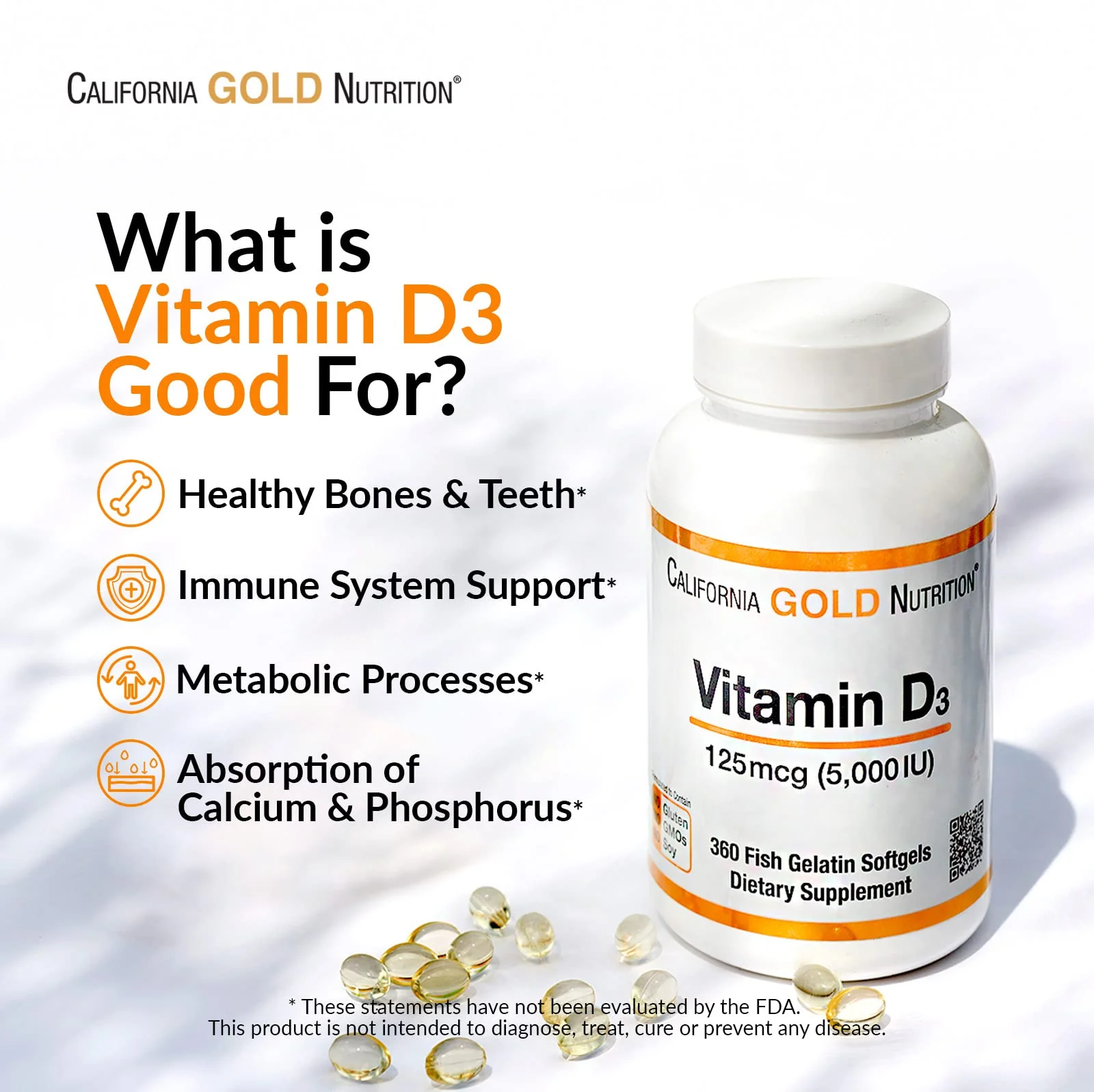 California Gold Nutrition Vitamin D3, 125 mcg (5,000 IU), 360 Fish Gelatin Softgels, 5 Pack - Image 3