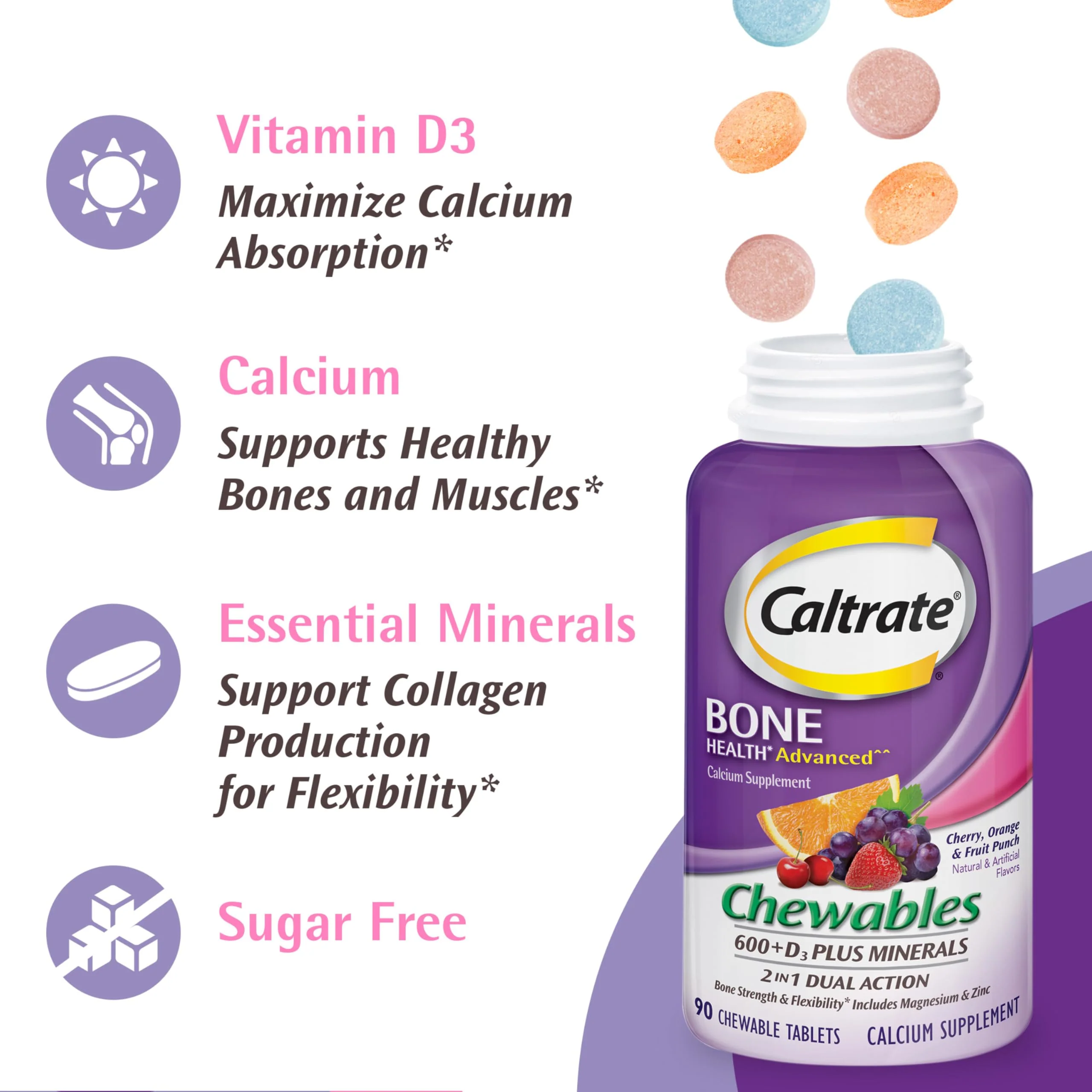 Caltrate Chewables 600 +D3 Plus Minerals Calcium and Vitamin D, Sugar Free, Cherry, Orange and Fruit Punch, 155 count - Image 8