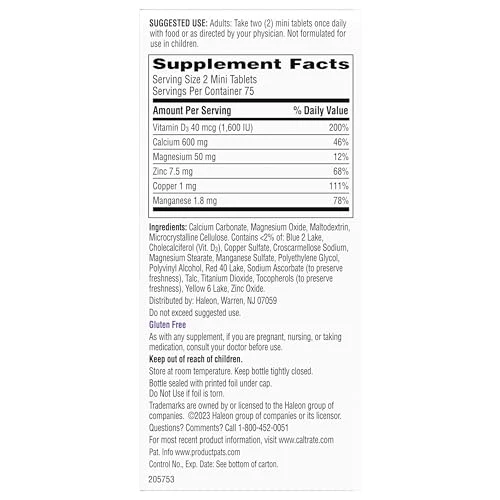 Caltrate Minis 600 Plus D3 Plus Minerals Calcium and Vitamin D Supplement Tablets, Bone Health and Mineral Supplement for Adults - 150 Count - Image 2