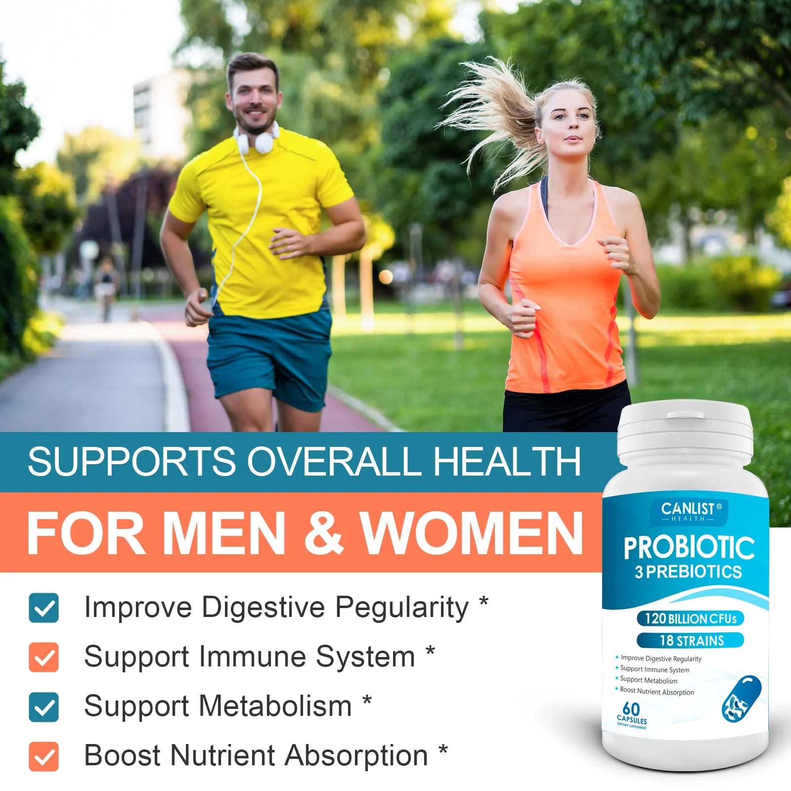CANLIST Probiotics 120 Billion CFUs 18 Strains, 3 Prebiotics & Digestive Enzymes for Men Women,Digestive & Immune Support,Shelf Stable Non-GMO 60 Capsules - Image 4