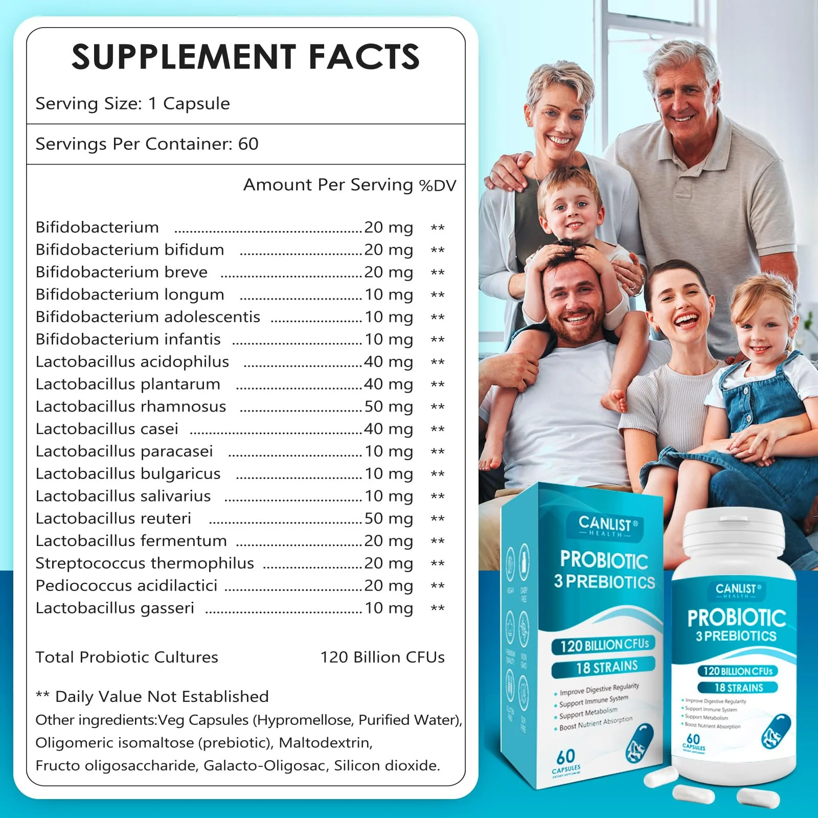 CANLIST Probiotics 120 Billion CFUs 18 Strains, 3 Prebiotics & Digestive Enzymes for Men Women,Digestive & Immune Support,Shelf Stable Non-GMO 60 Capsules - Image 7