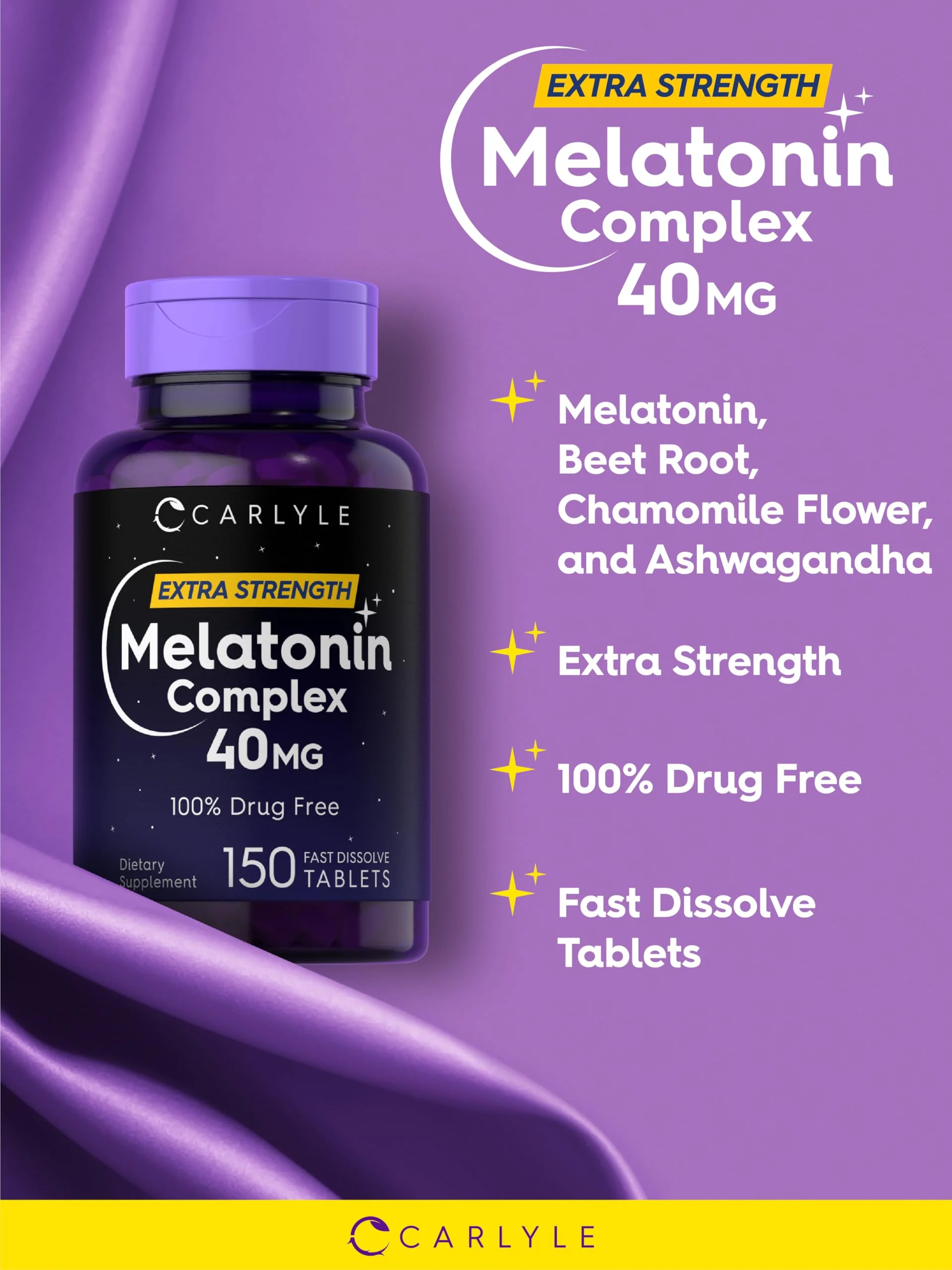 Carlyle Melatonin 40mg Complex | 150 Fast Dissolve Tablets | Extra Strength Support | with Ashwagandha and Chamomile | Vegetarian, Non-GMO, Gluten Free Supplement - Image 5