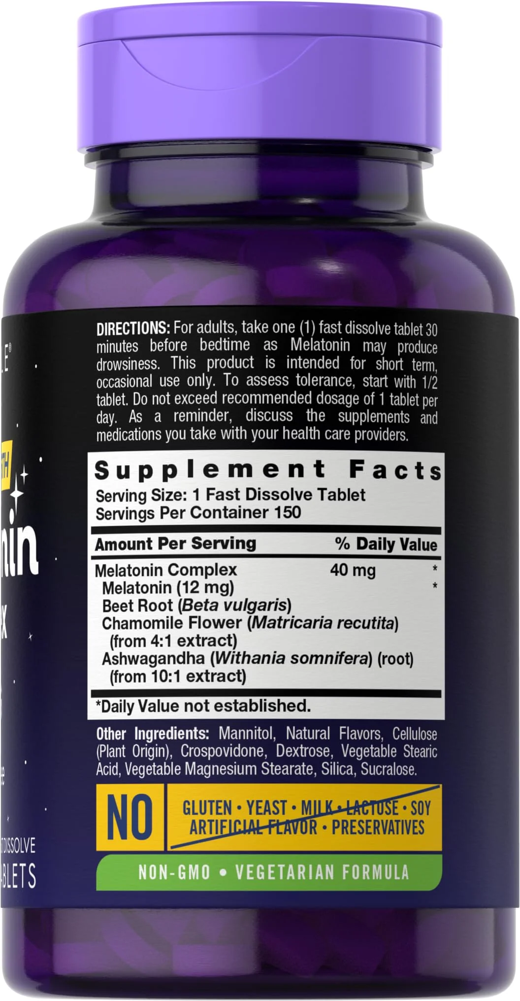 Carlyle Melatonin 40mg Complex | 150 Fast Dissolve Tablets | Extra Strength Support | with Ashwagandha and Chamomile | Vegetarian, Non-GMO, Gluten Free Supplement - Image 7