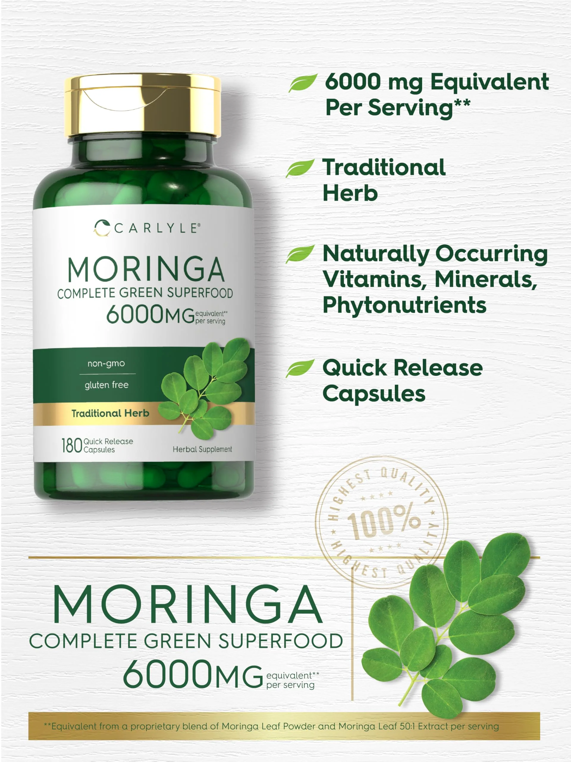 Carlyle Moringa Oleifera Supplement | 180 Capsules | Complete Green Superfood for Women and Men | Non-GMO and Gluten Free | from Moringa Leaf Powder - Image 6